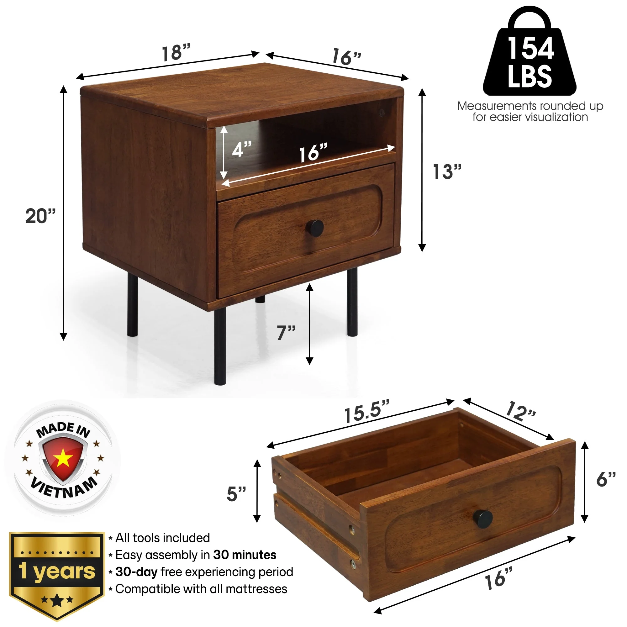 Acacia Savana Mid-Century Modern Single Drawer Solid Wood Nightstand - Image 11