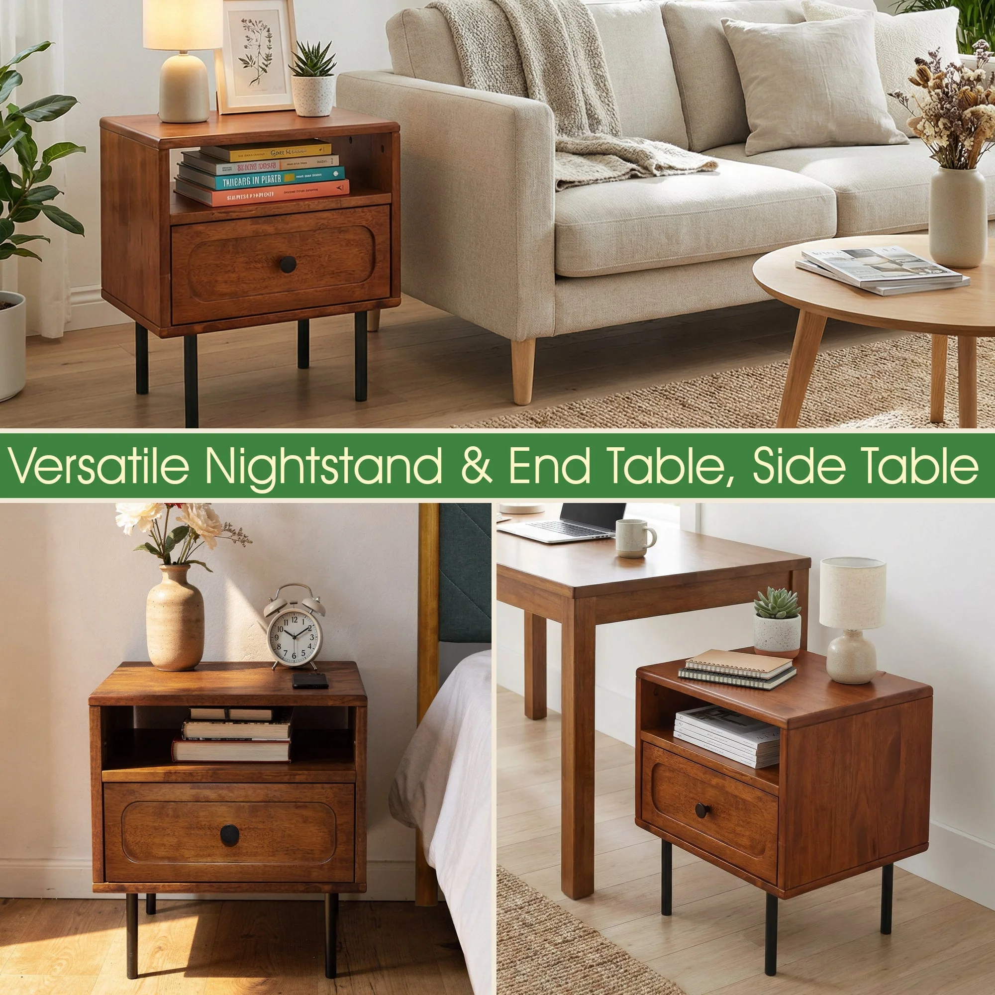 Acacia Savana Mid-Century Modern Single Drawer Solid Wood Nightstand - Image 16