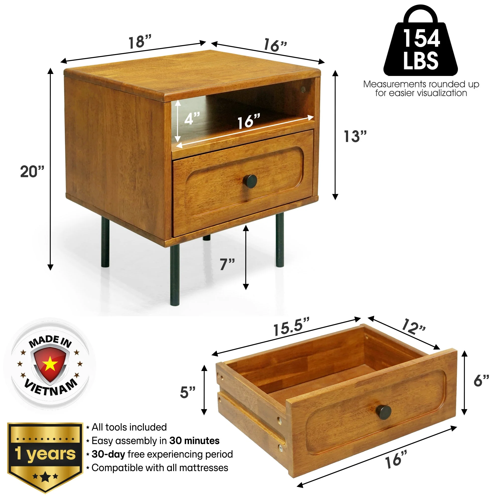 Acacia Savana Mid-Century Modern Single Drawer Solid Wood Nightstand - Image 20
