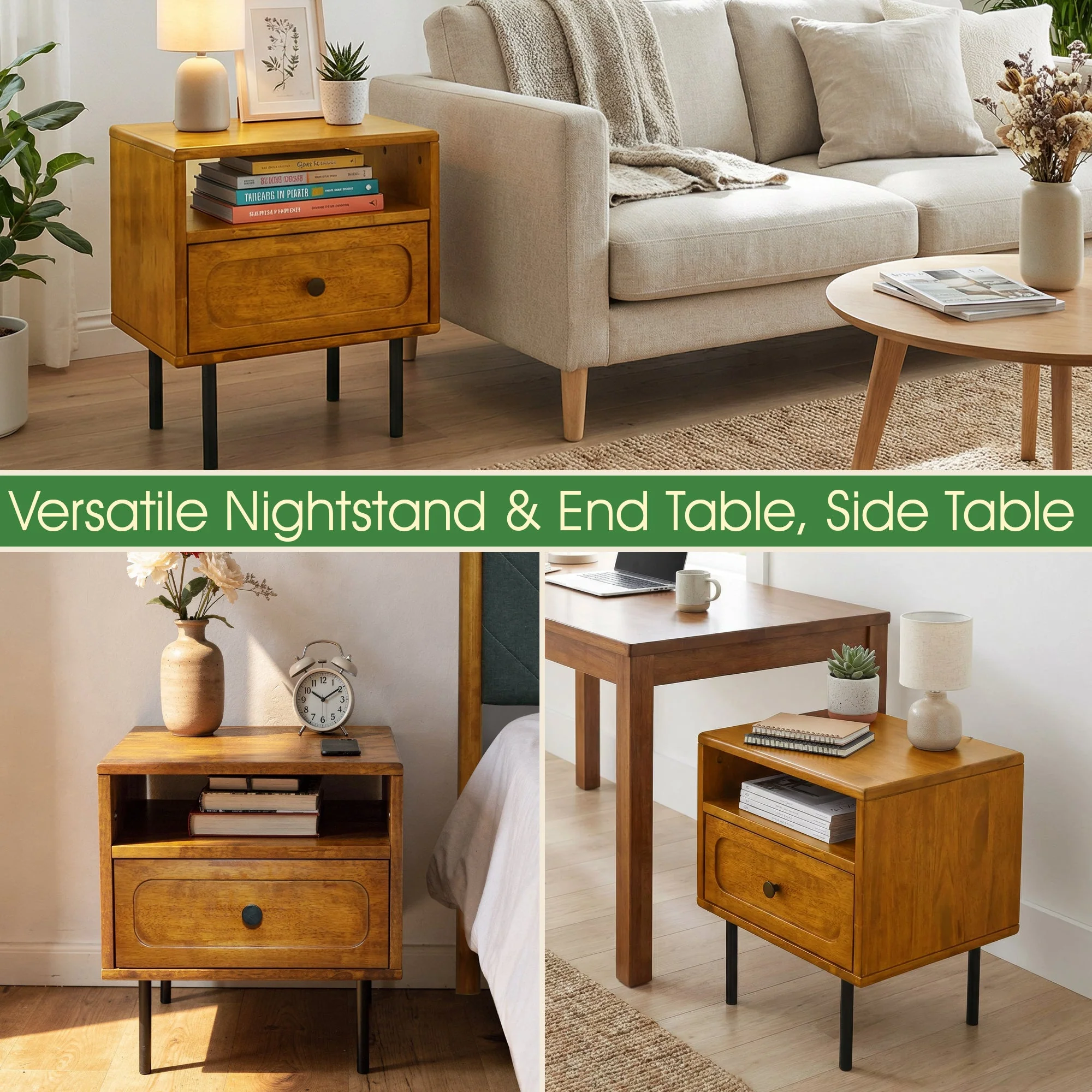 Acacia Savana Mid-Century Modern Single Drawer Solid Wood Nightstand - Image 25