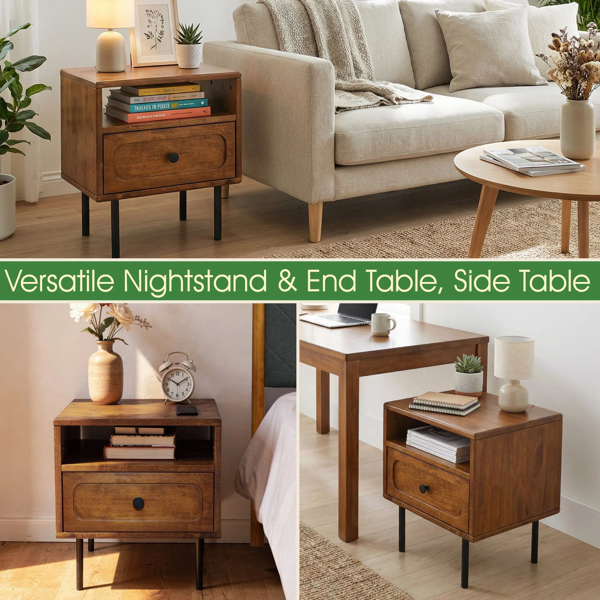 Acacia Savana Mid-Century Modern Single Drawer Solid Wood Nightstand - Image 7