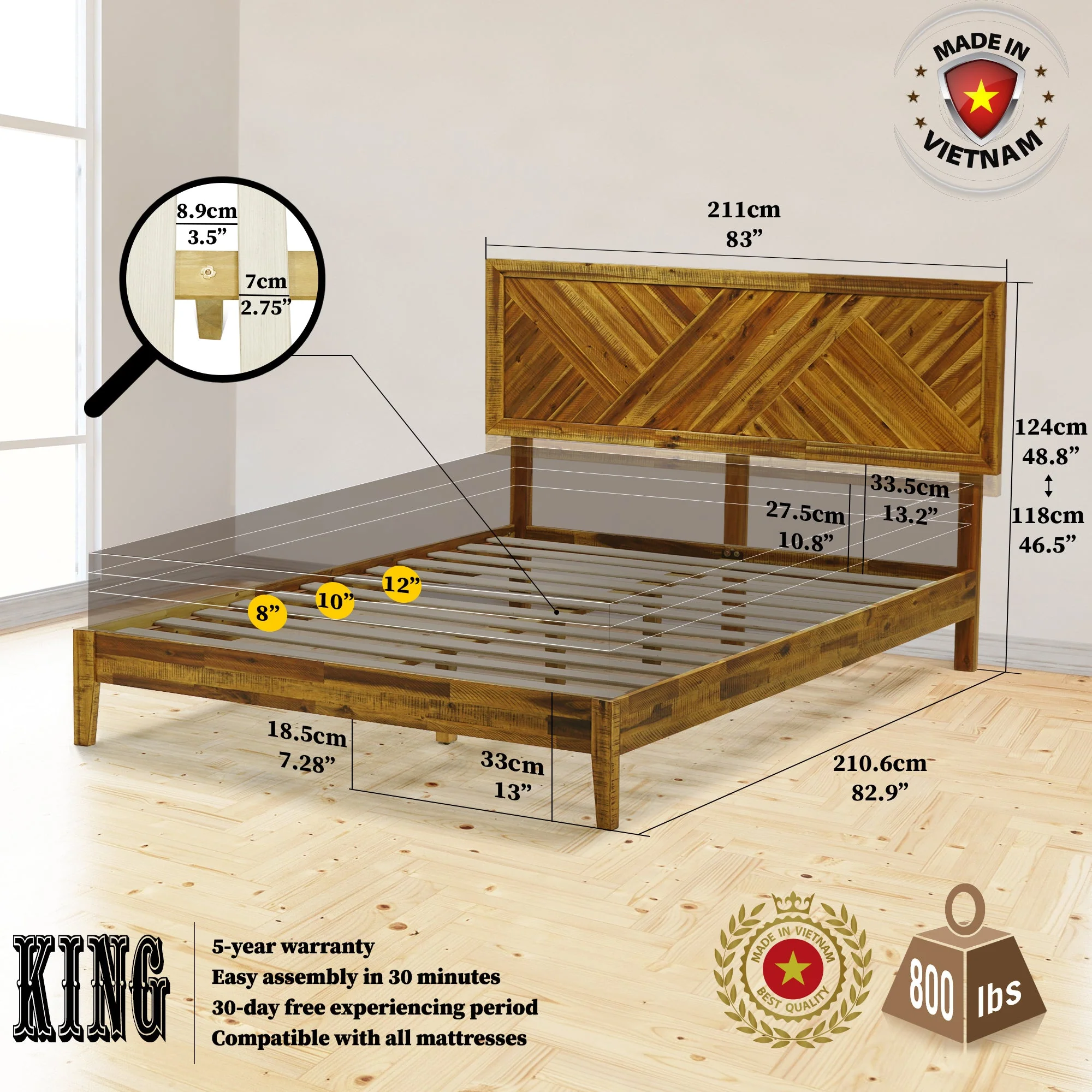 Acacia Sierra Deluxe Solid Wood Bed Frame - Image 3