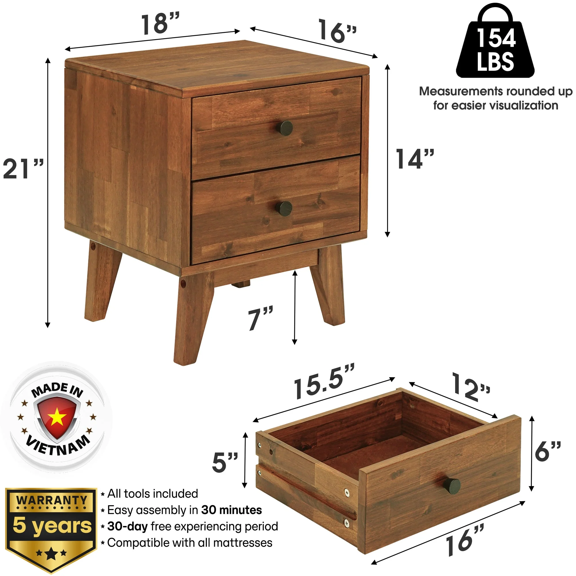 Acacia Silvia 2-Drawer Solid Wood Nightstand for Modern Bedrooms - Image 11