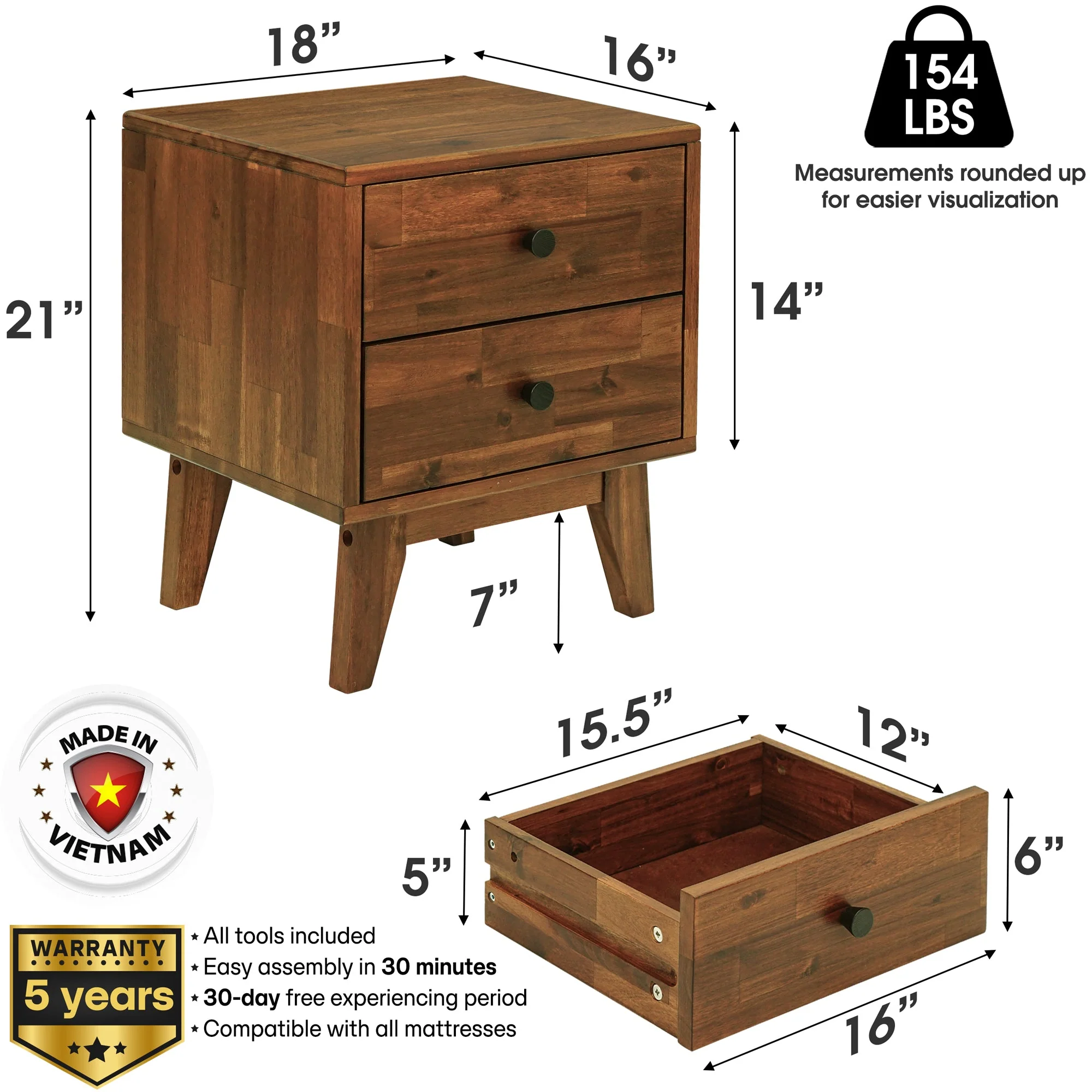 Acacia Silvia 2-Drawer Solid Wood Nightstand for Modern Bedrooms - Image 19