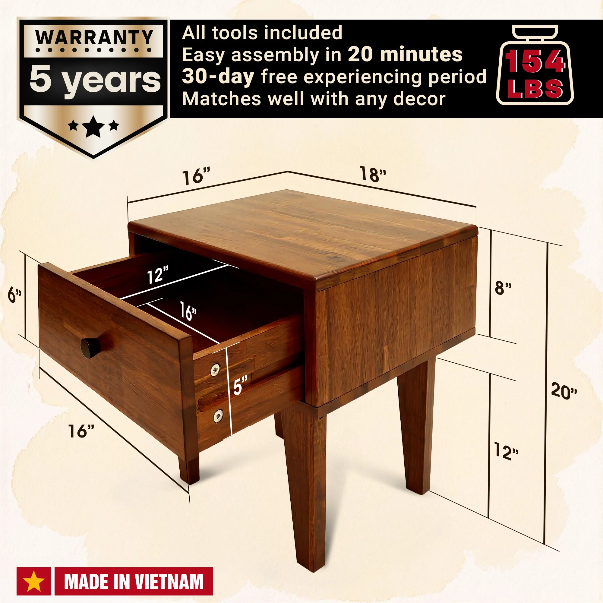 Acacia Sofia 1-Drawer Solid Wood Nightstand for Stylish Storage - Image 19