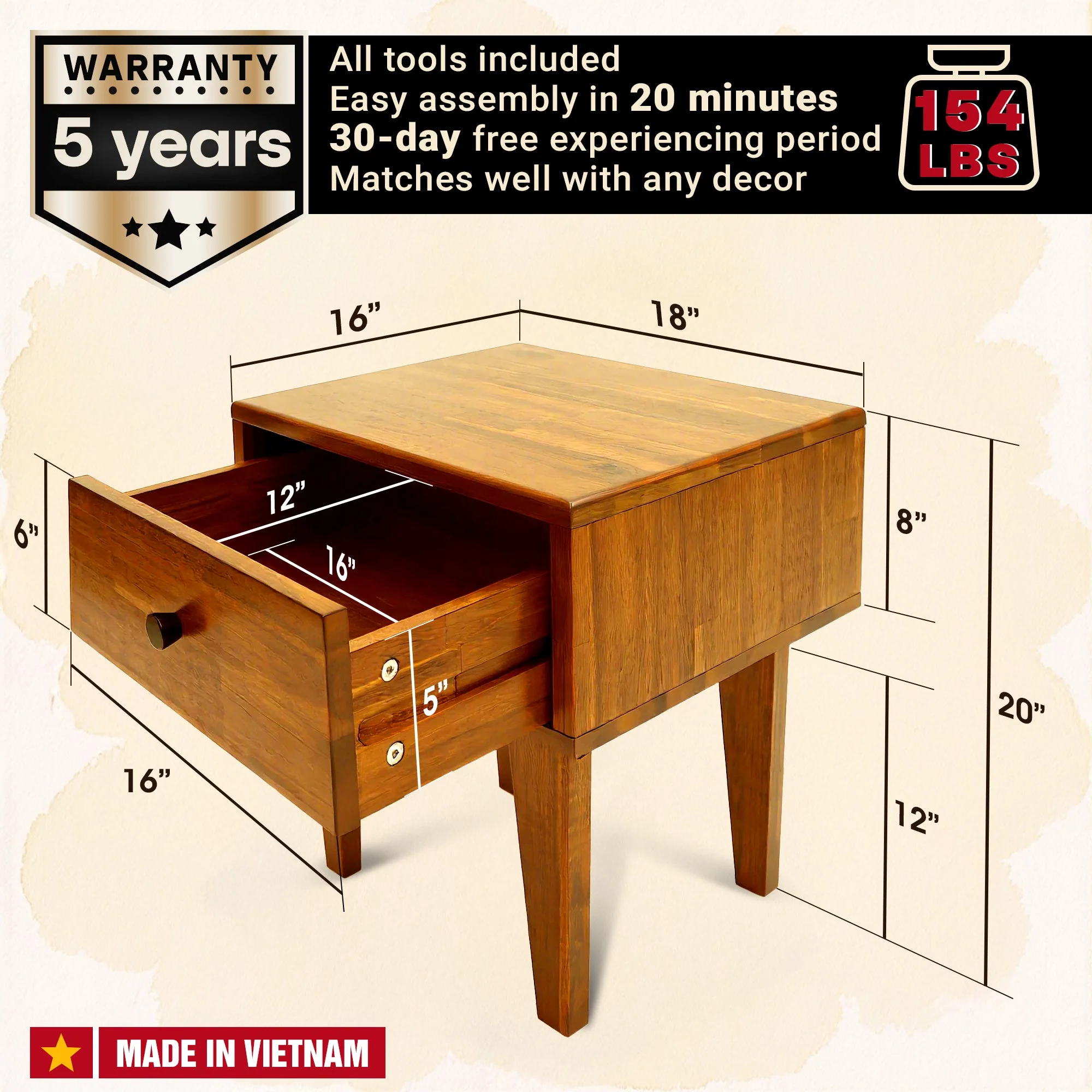 Acacia Sofia 1-Drawer Solid Wood Nightstand for Stylish Storage - Image 3
