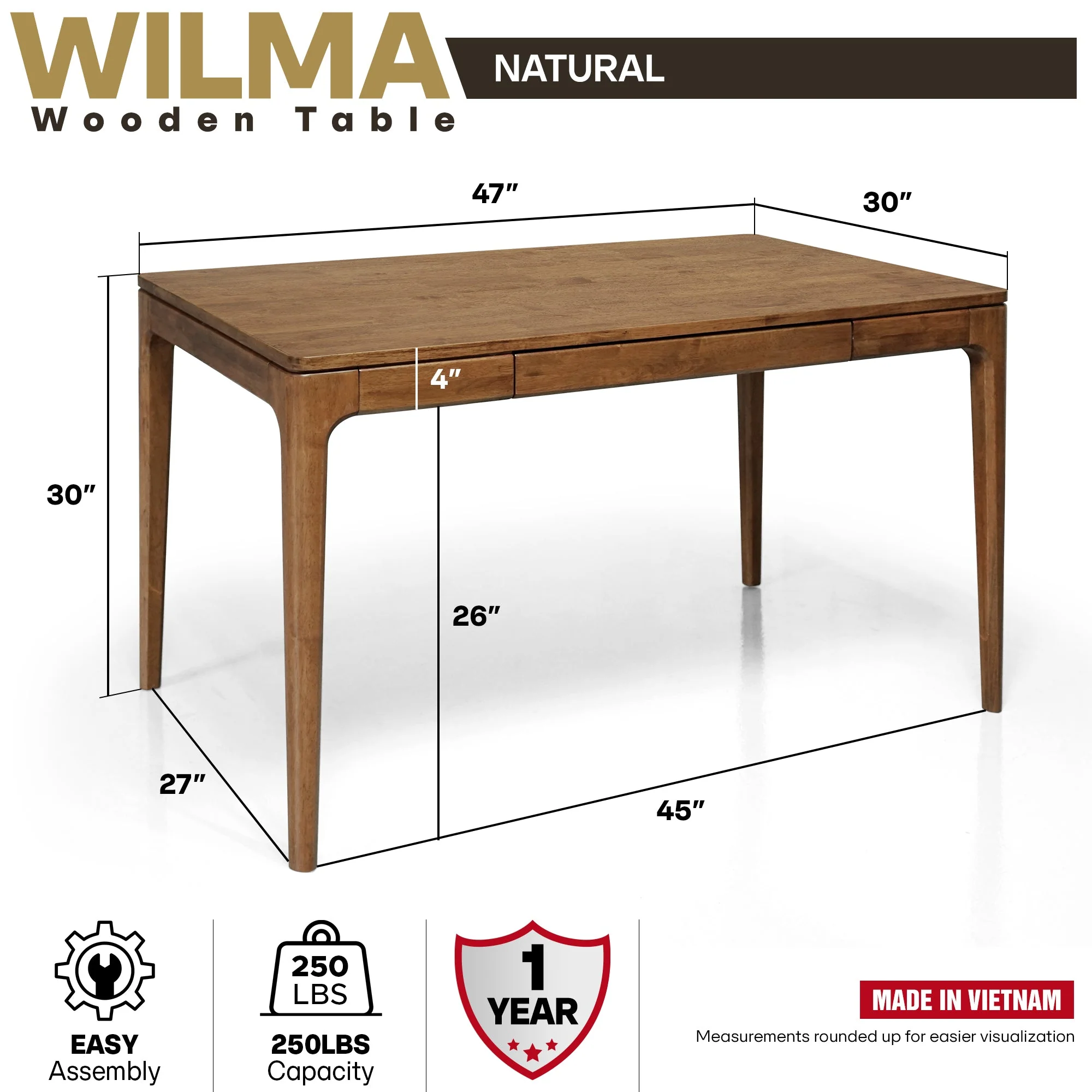 ACACIA Wilma 48” Rubber Wood Rectangular Writing Desk - Image 2