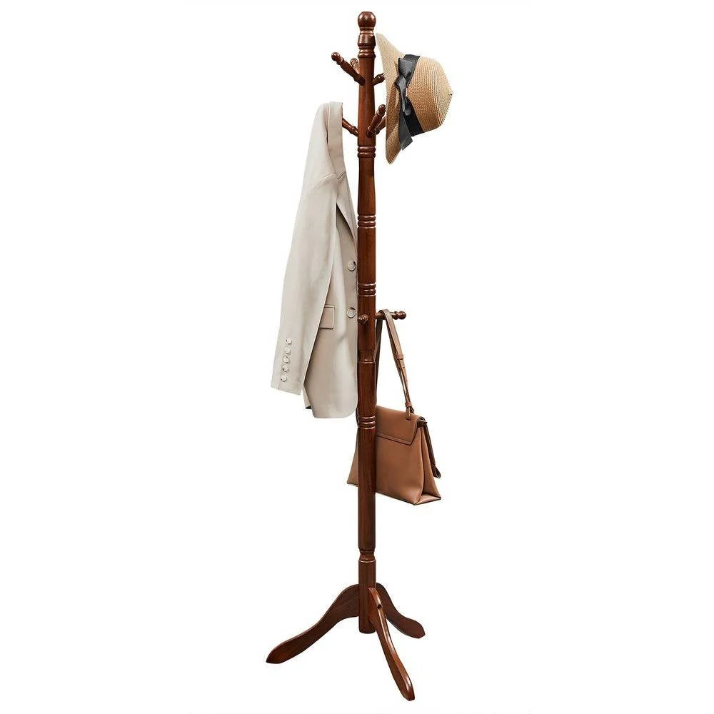 Adjustable Height Solid Wood Coat Rack with 10 Hooks in Dark Brown Finish - Image 2