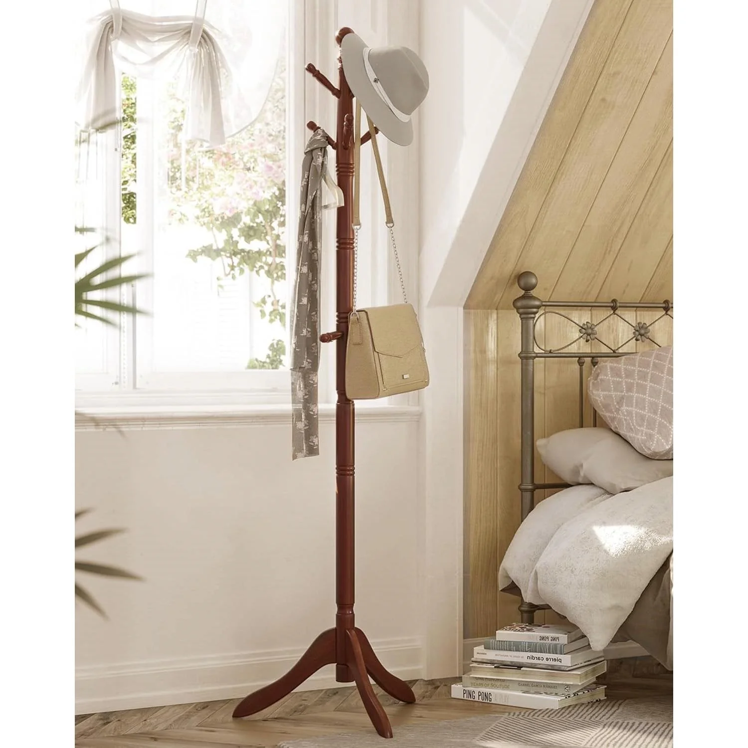 Adjustable Height Solid Wood Coat Rack with 10 Hooks in Dark Brown Finish - Image 3