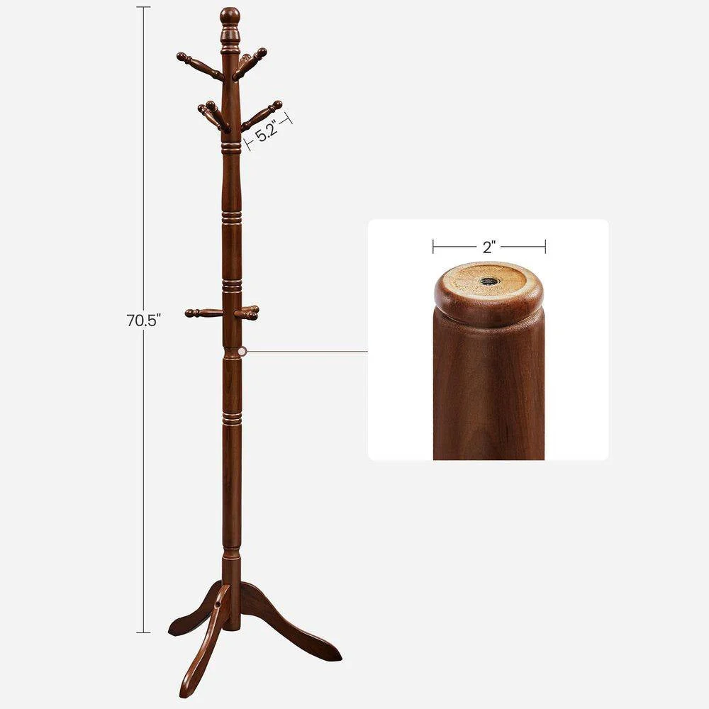 Adjustable Height Solid Wood Coat Rack with 10 Hooks in Dark Brown Finish - Image 5