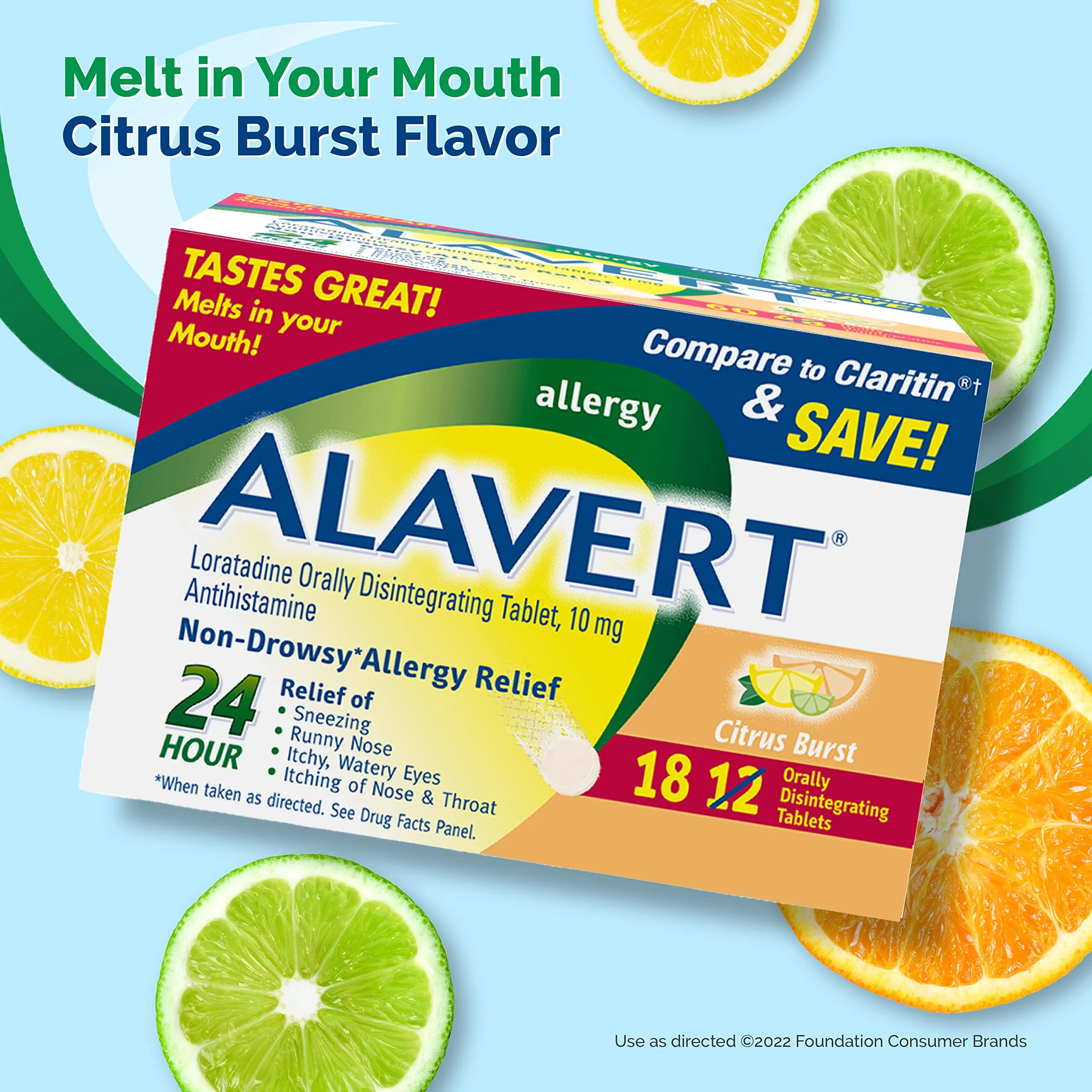 Alavert Allergy 24 Hour Relief, Citrus Burst Flavor, Orally Disintegrating Allergy Tablets, Non-drowsy Antihistamine, Loratadine 10mg, 18 Count - Image 2