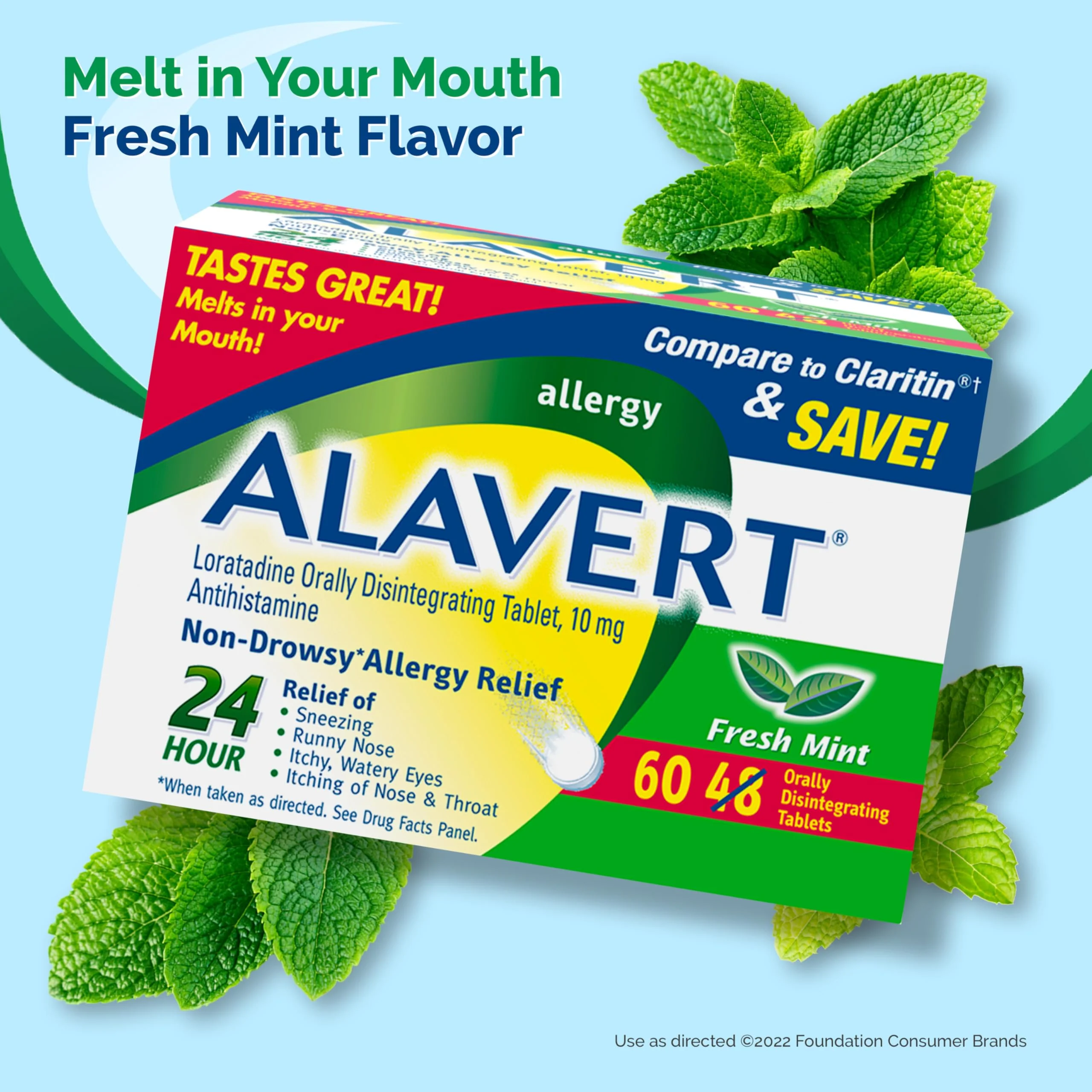 Alavert Allergy 24 Hour Relief, Fresh Mint Flavor, Orally Disintegrating Allergy Tablets, Non-drowsy Antihistamine, Loratadine 10mg, 60 Count - Image 2