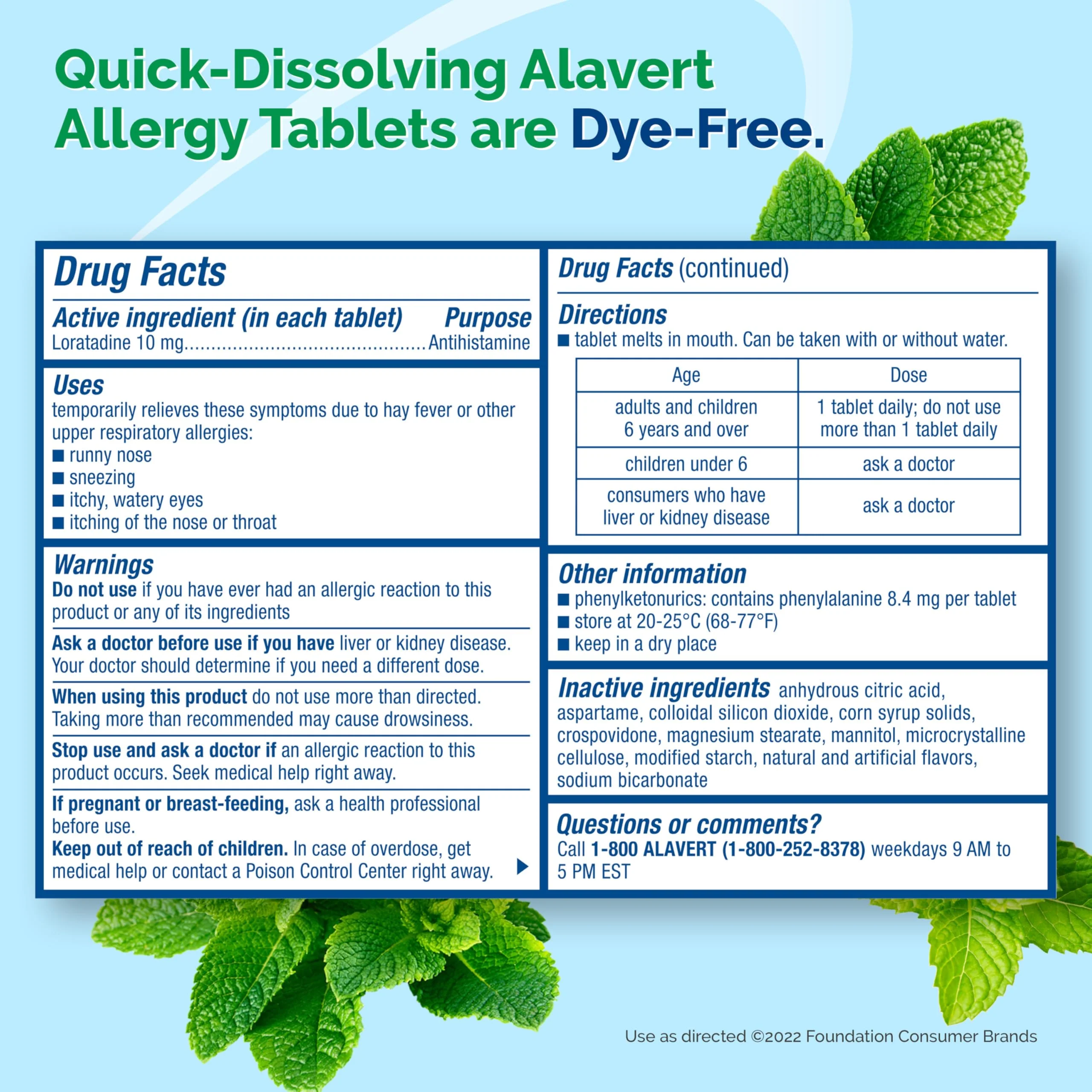Alavert Allergy 24 Hour Relief, Fresh Mint Flavor, Orally Disintegrating Allergy Tablets, Non-drowsy Antihistamine, Loratadine 10mg, 60 Count - Image 3