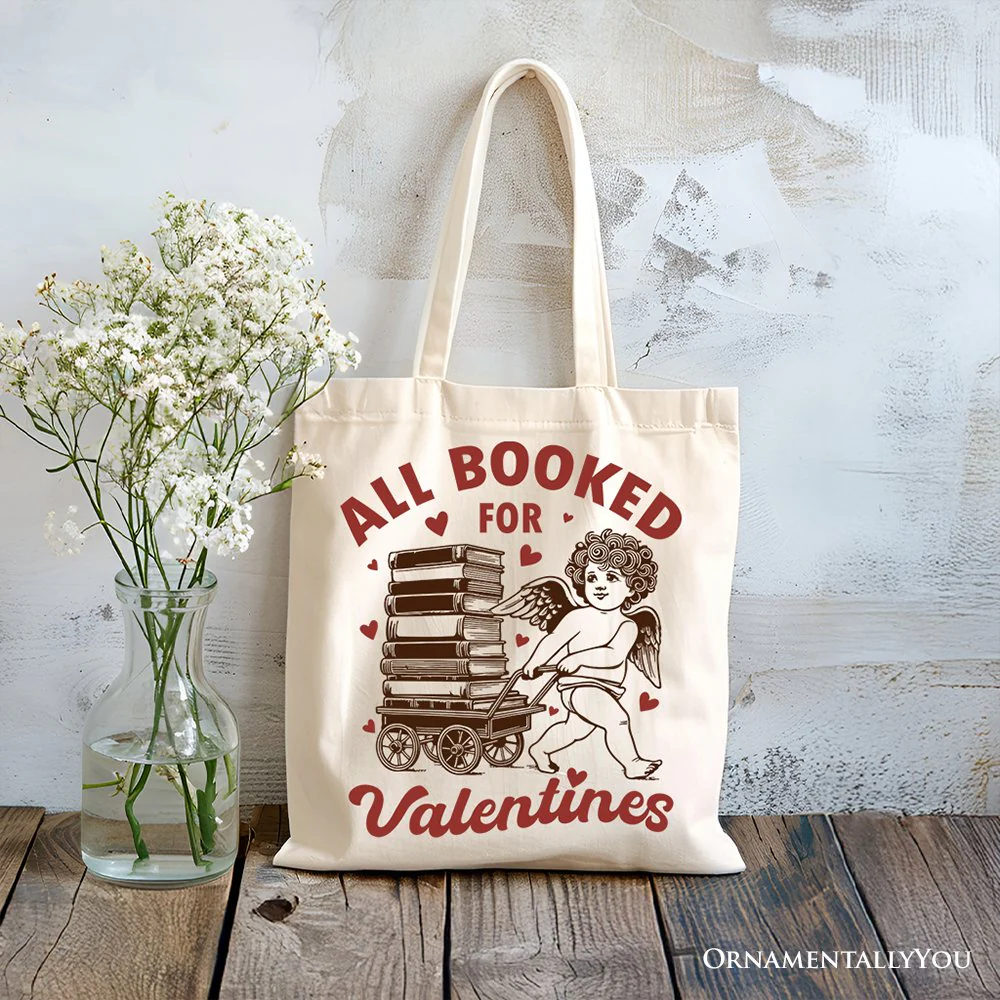 All Booked For Valentines Cupid Canvas Tote Bag, Vintage Funny Bookworm Gift - Image 4