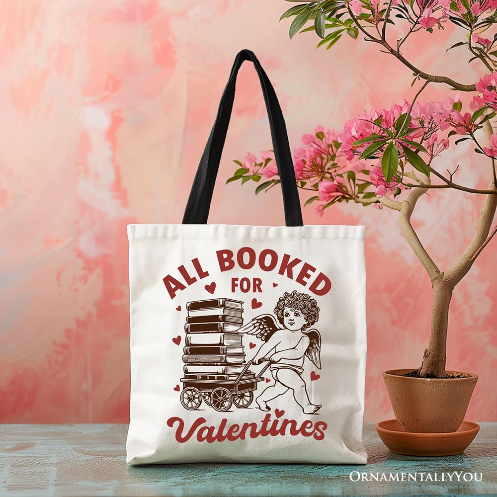 All Booked For Valentines Cupid Canvas Tote Bag, Vintage Funny Bookworm Gift - Image 5