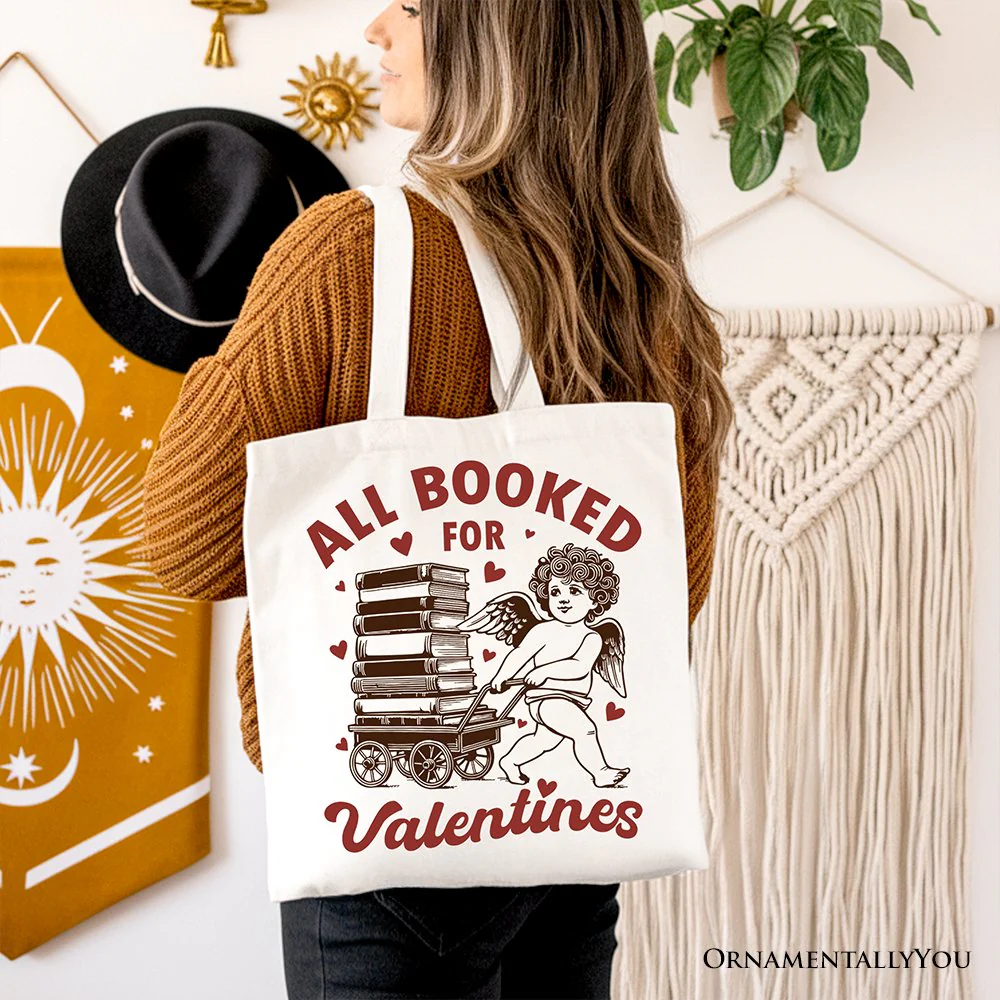 All Booked For Valentines Cupid Canvas Tote Bag, Vintage Funny Bookworm Gift - Image 9