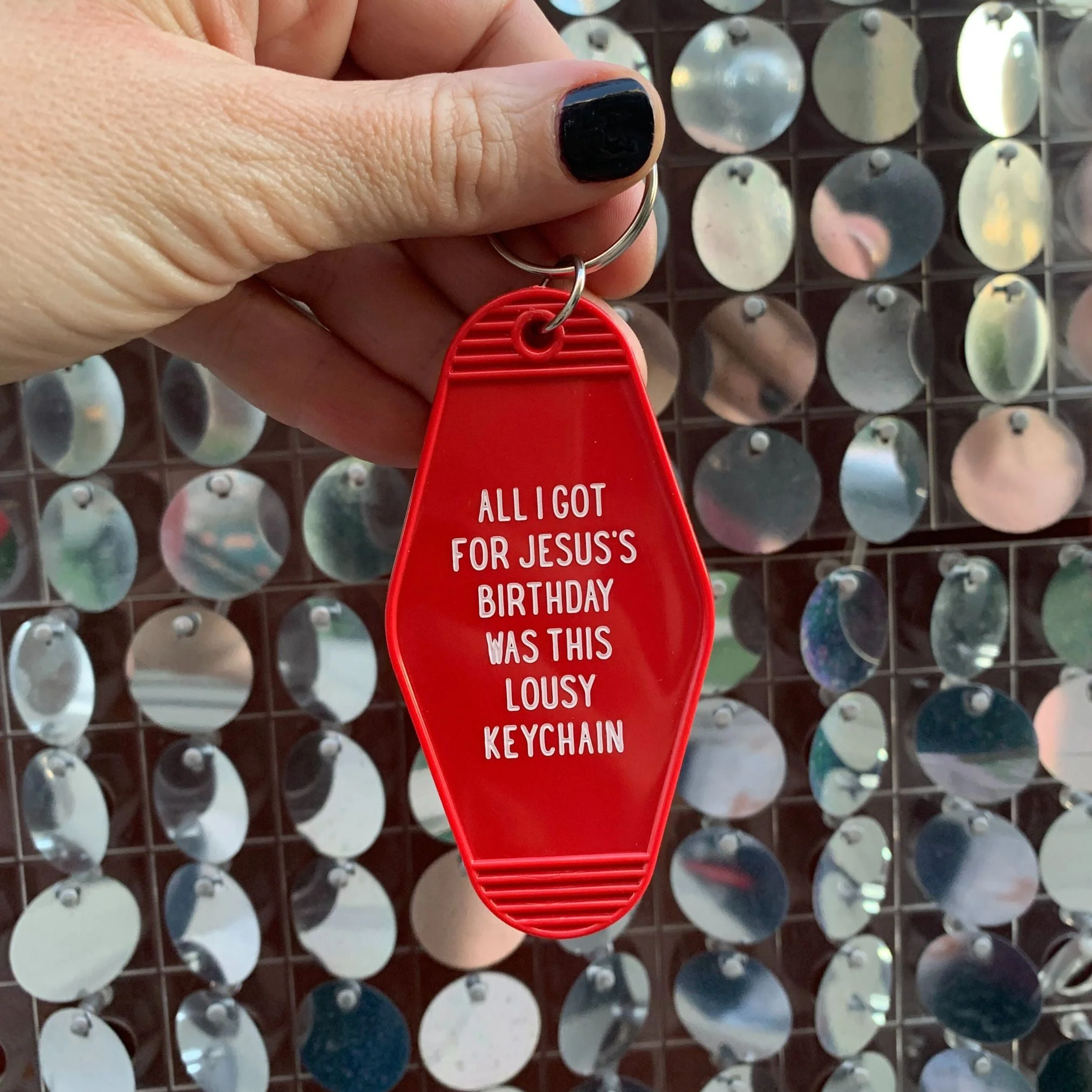 All I Got For Jesus's Birthday Christmas Motel Style Keychain in Red - Image 2