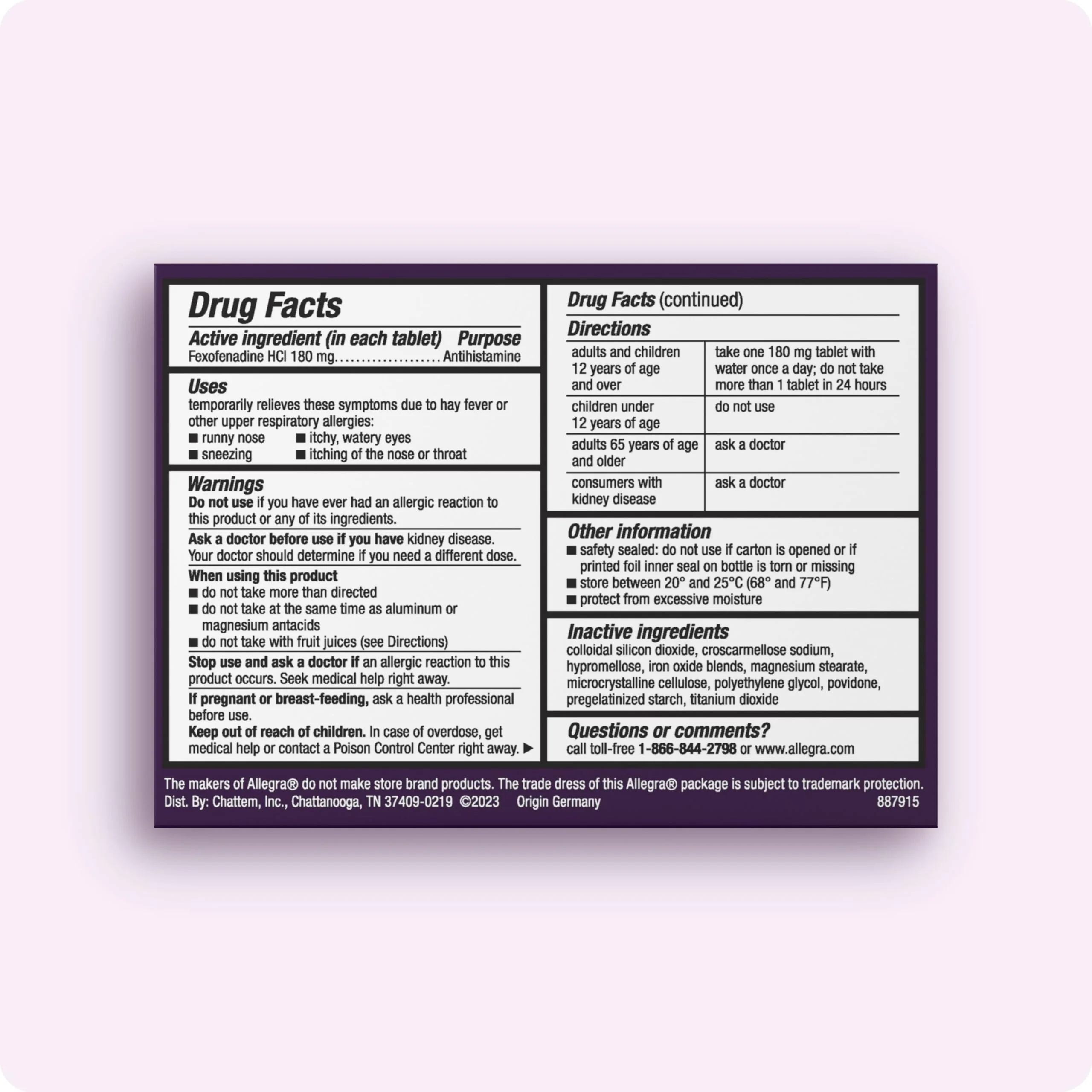Allegra Adult 24-Hour Allergy Relief Tablets, Non-Drowsy Indoor and Outdoor Allergy Medicine, 180 mg Fexofenadine HCI Antihistamine Pill, 100-Count - Image 9