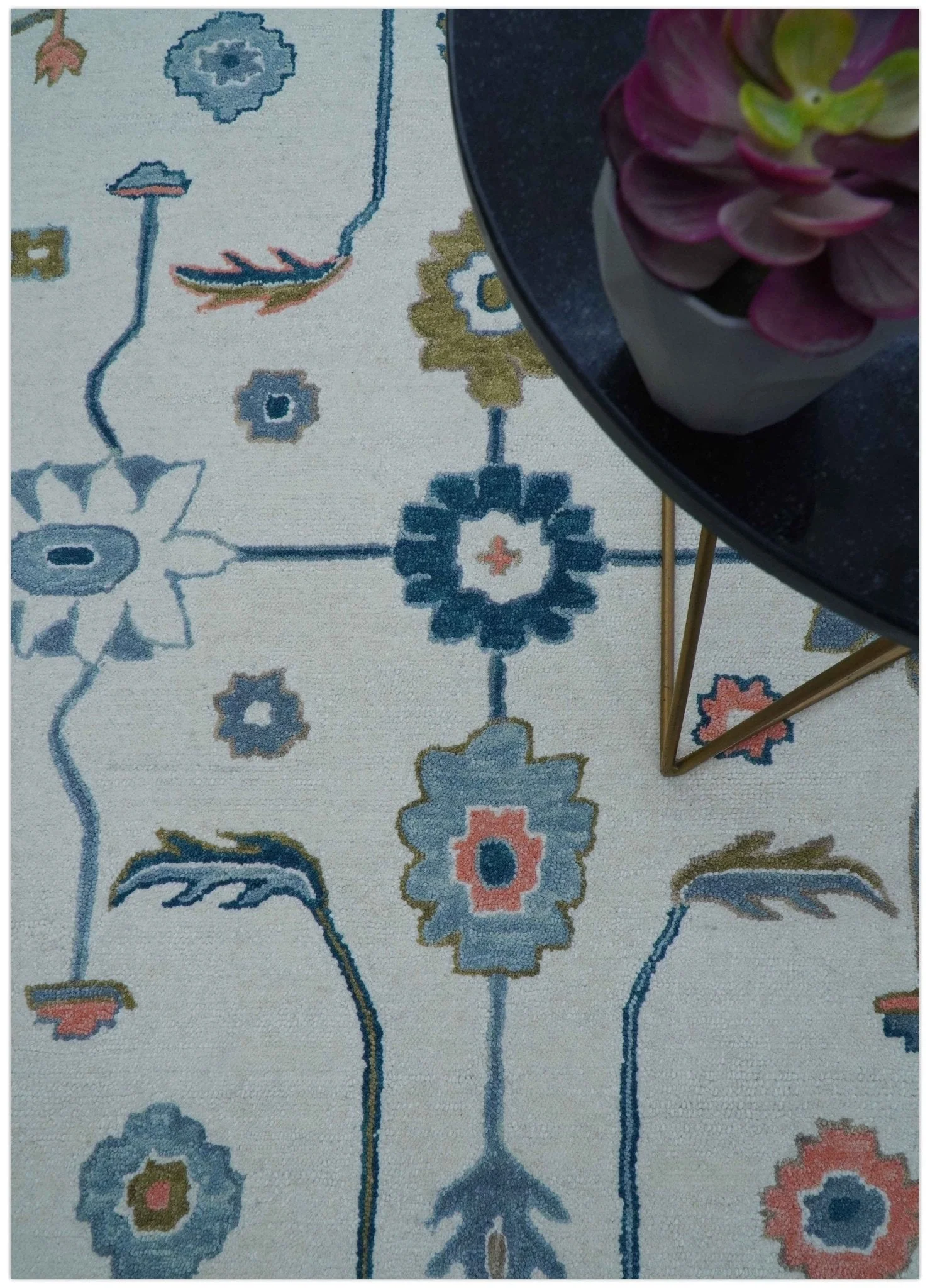 Allure Custom Made Ivory And Blue Traditional Oushak Hand Tufted Wool Rug - Image 10