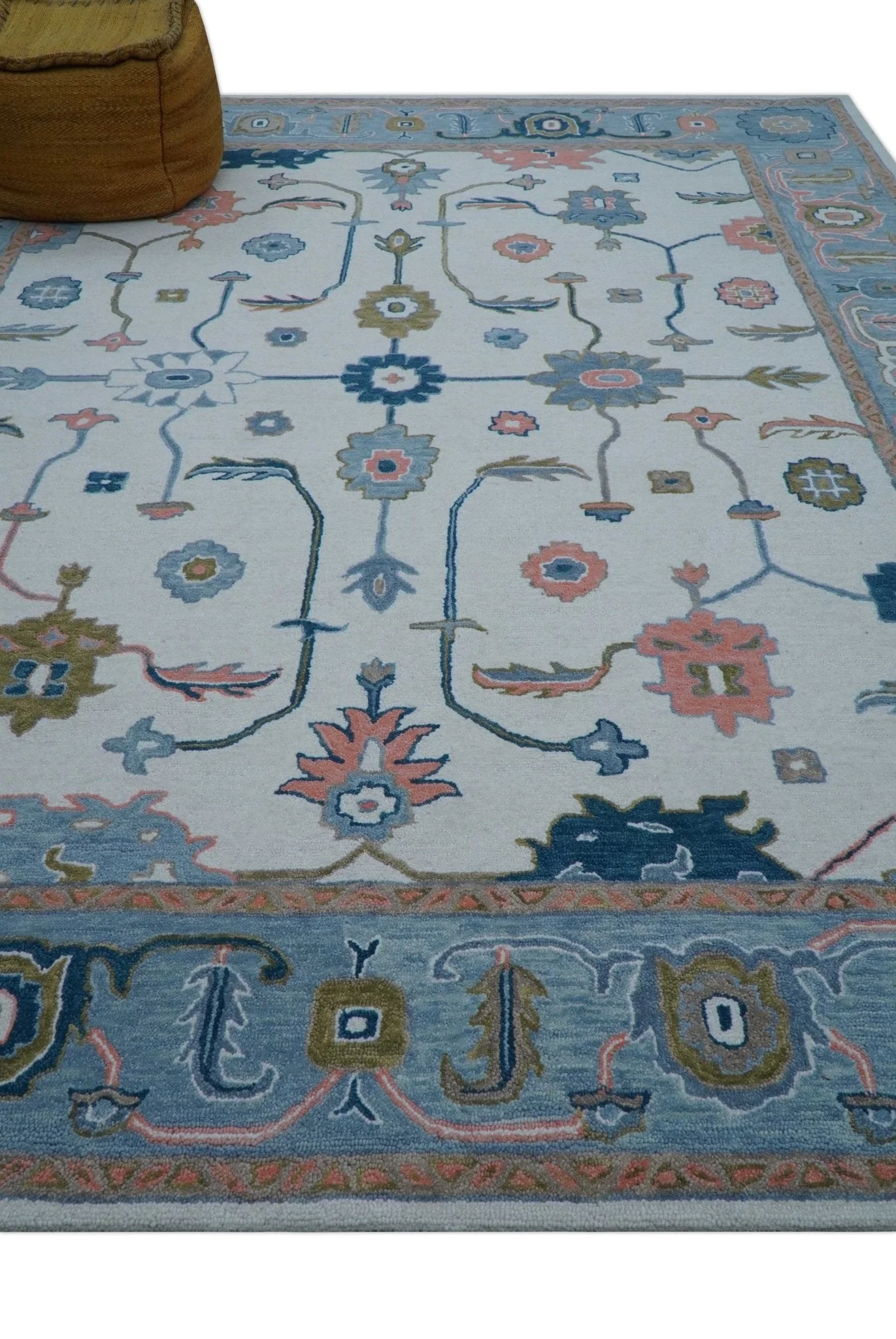 Allure Custom Made Ivory And Blue Traditional Oushak Hand Tufted Wool Rug - Image 11