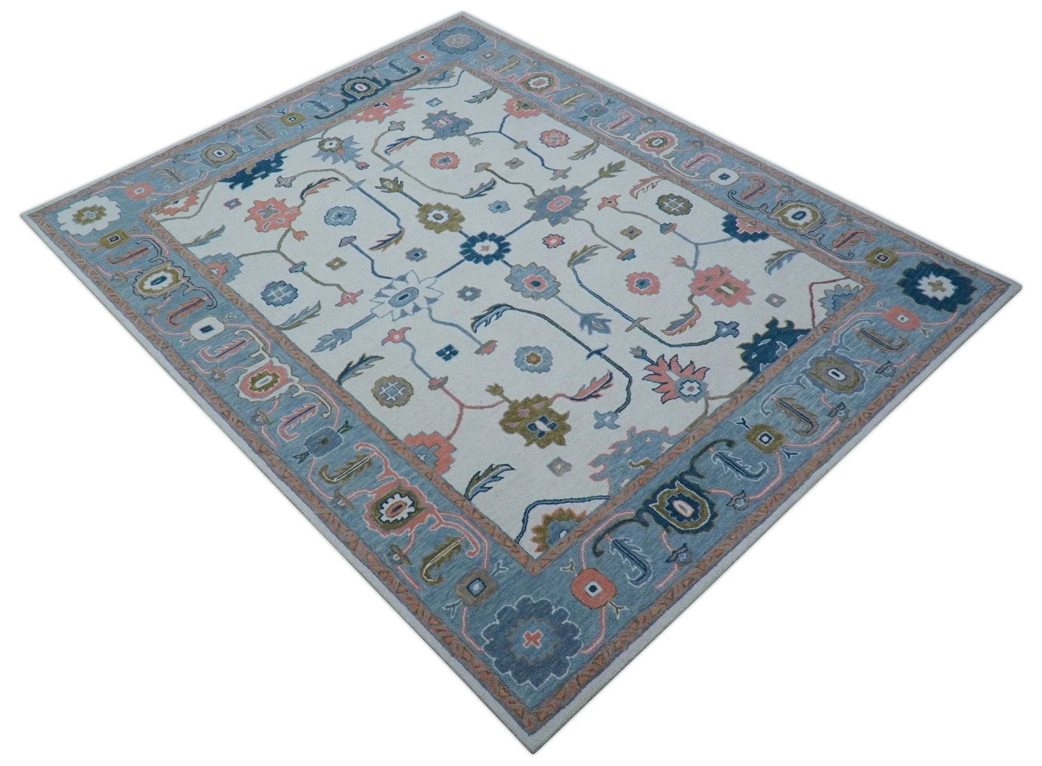 Allure Custom Made Ivory And Blue Traditional Oushak Hand Tufted Wool Rug - Image 3