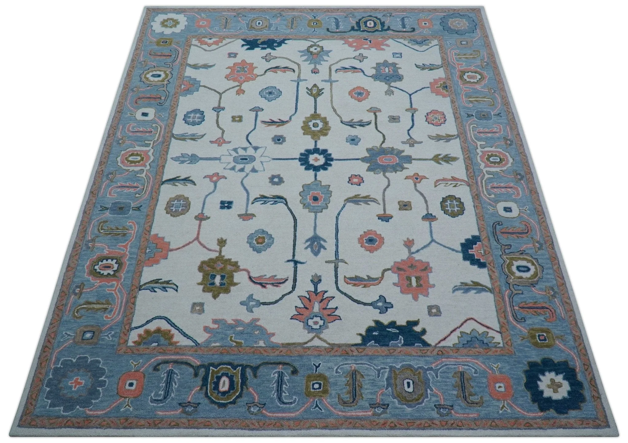 Allure Custom Made Ivory And Blue Traditional Oushak Hand Tufted Wool Rug - Image 4