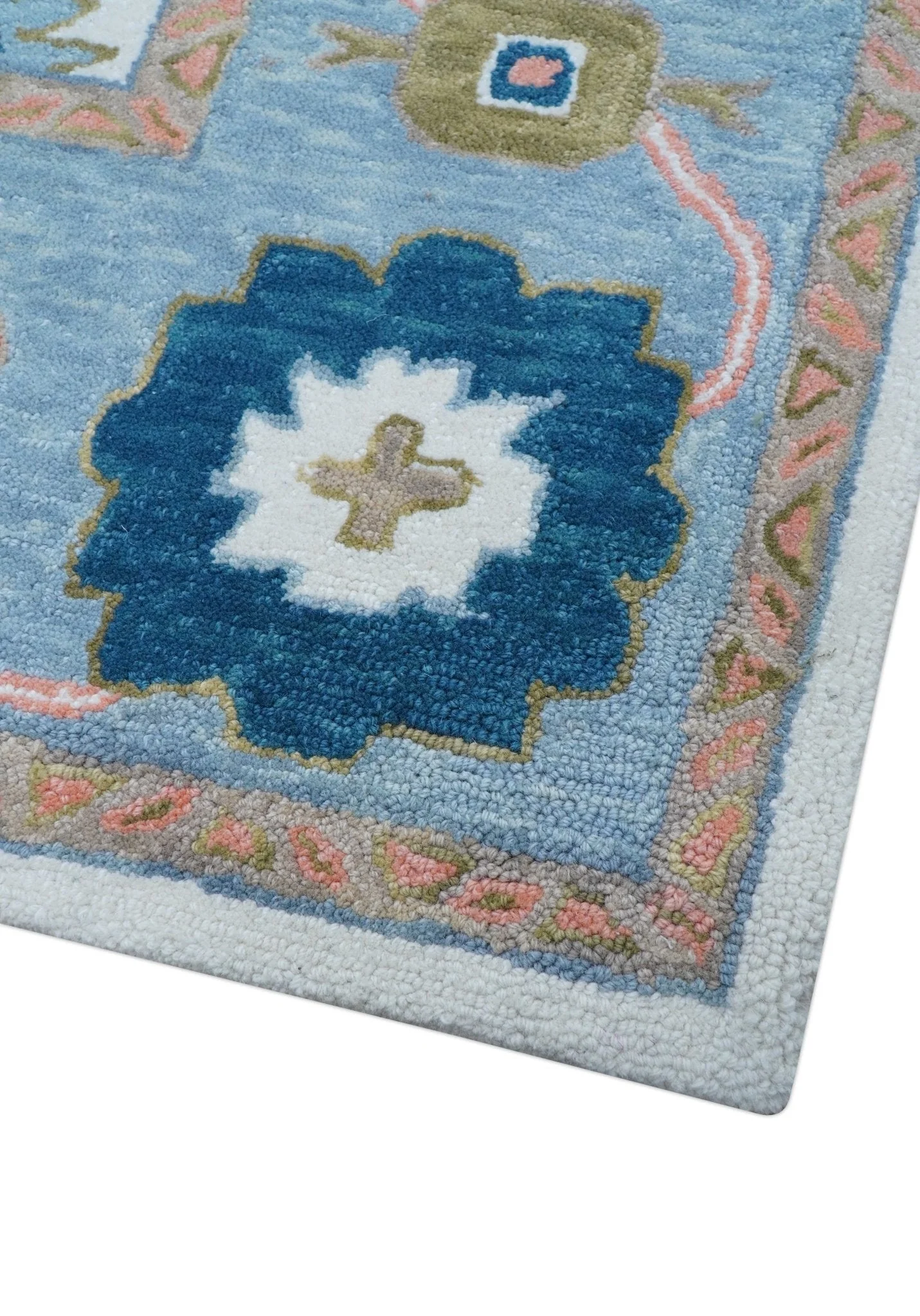 Allure Custom Made Ivory And Blue Traditional Oushak Hand Tufted Wool Rug - Image 9