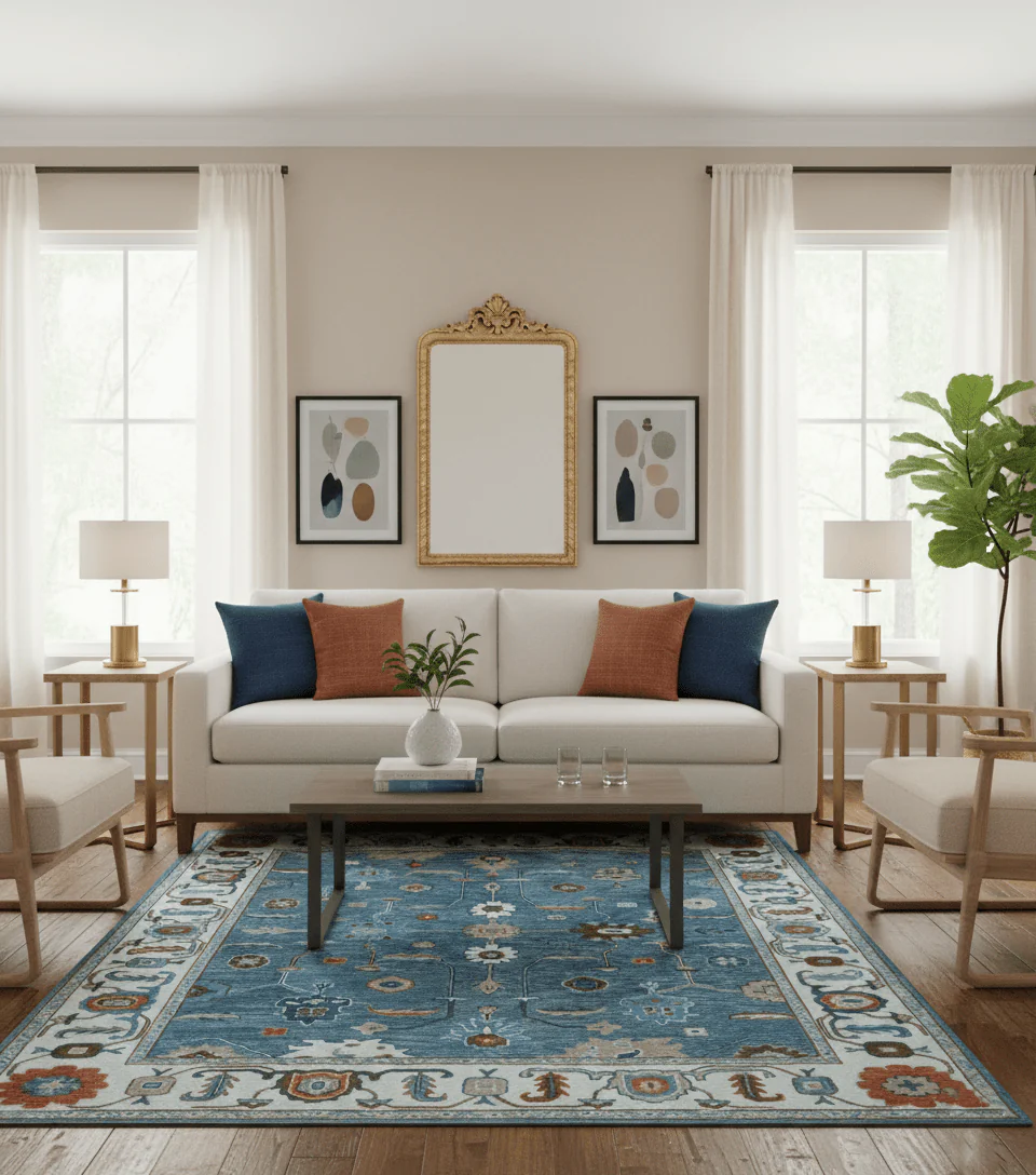 Allure Custom Made Modern Oushak Blue And Ivory Hand Tufted Wool Rug - Image 2