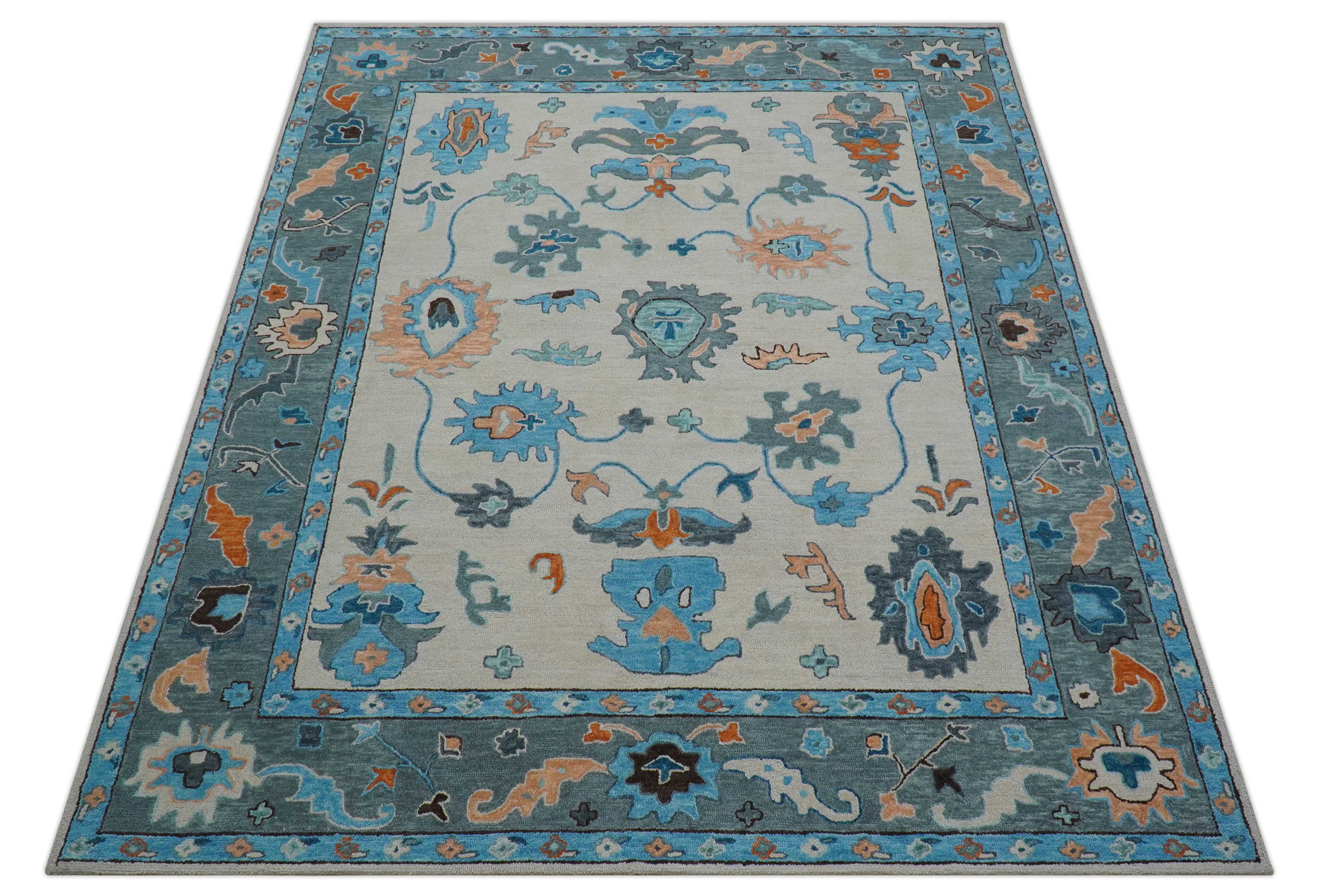 Allure Custom Made Traditional Design Peach And Blue Hand Tufted Wool Rug - Image 11