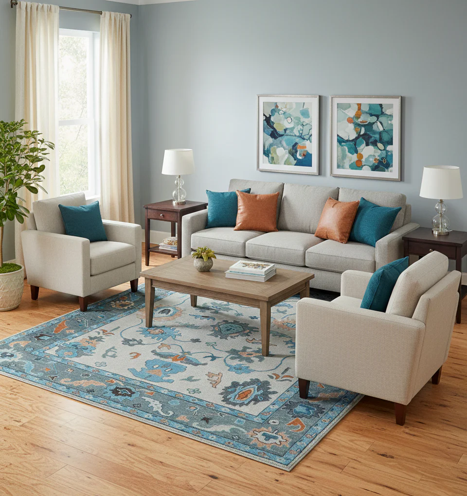 Allure Custom Made Traditional Design Peach And Blue Hand Tufted Wool Rug - Image 2