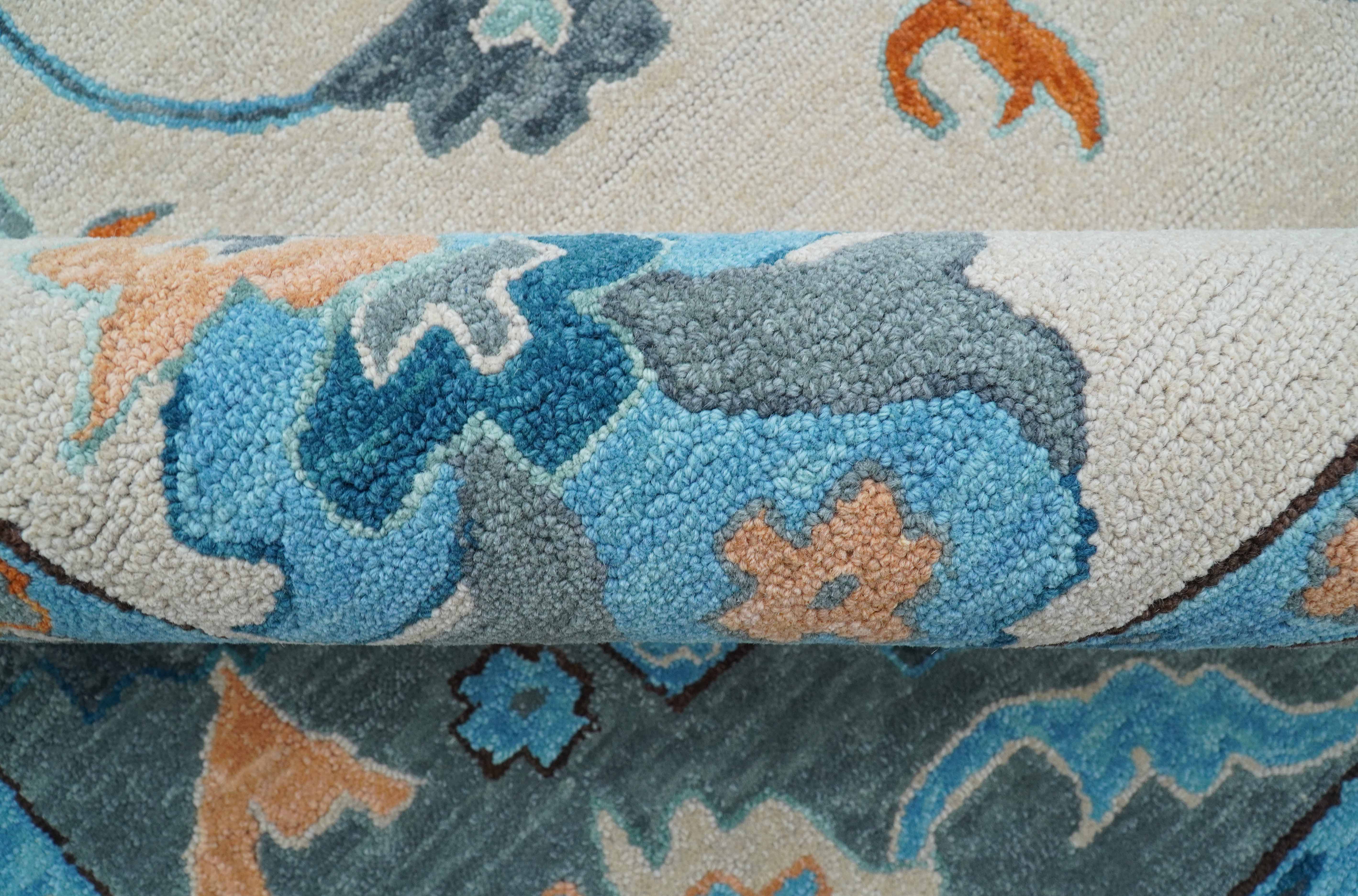 Allure Custom Made Traditional Design Peach And Blue Hand Tufted Wool Rug - Image 5