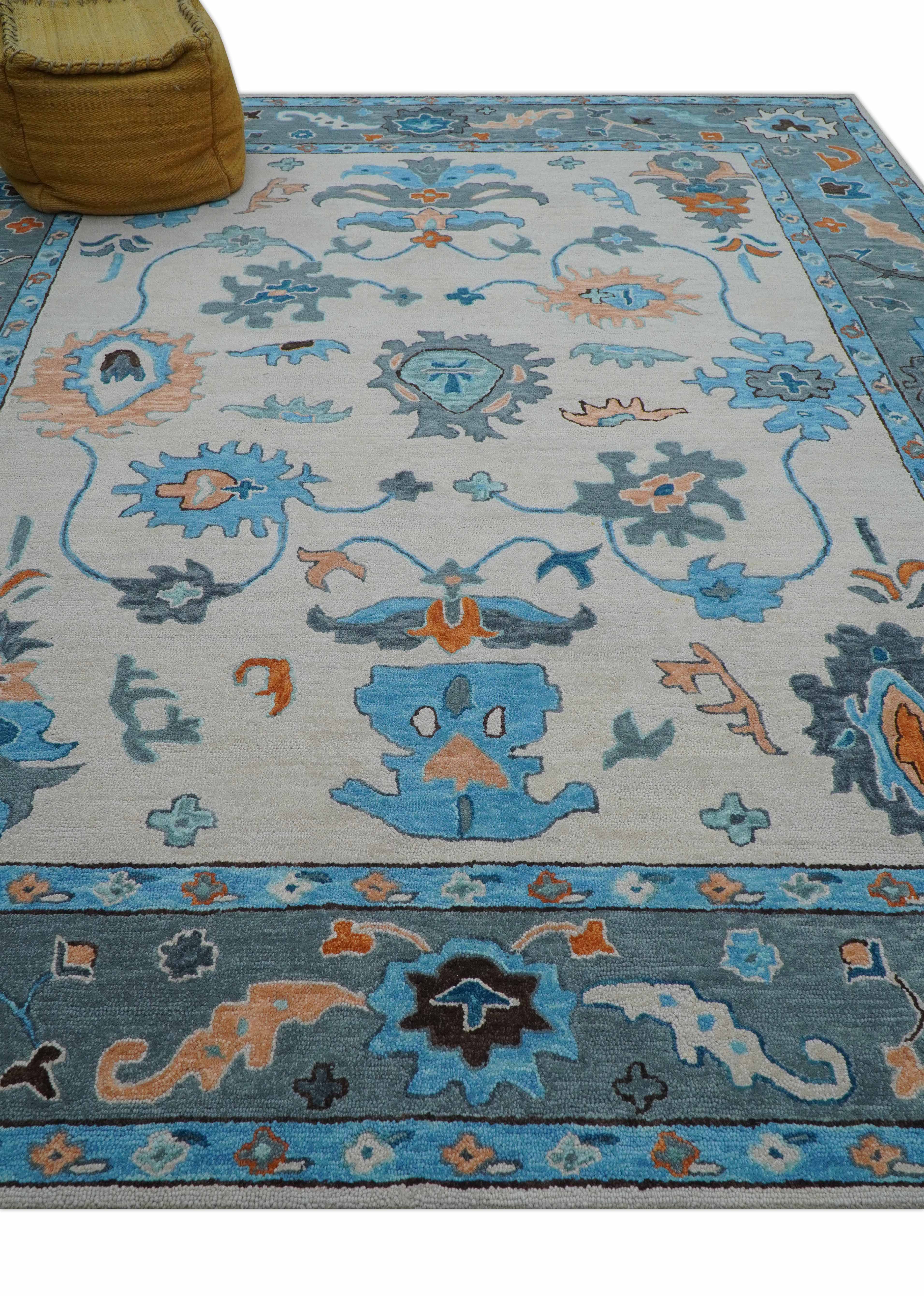 Allure Custom Made Traditional Design Peach And Blue Hand Tufted Wool Rug - Image 9