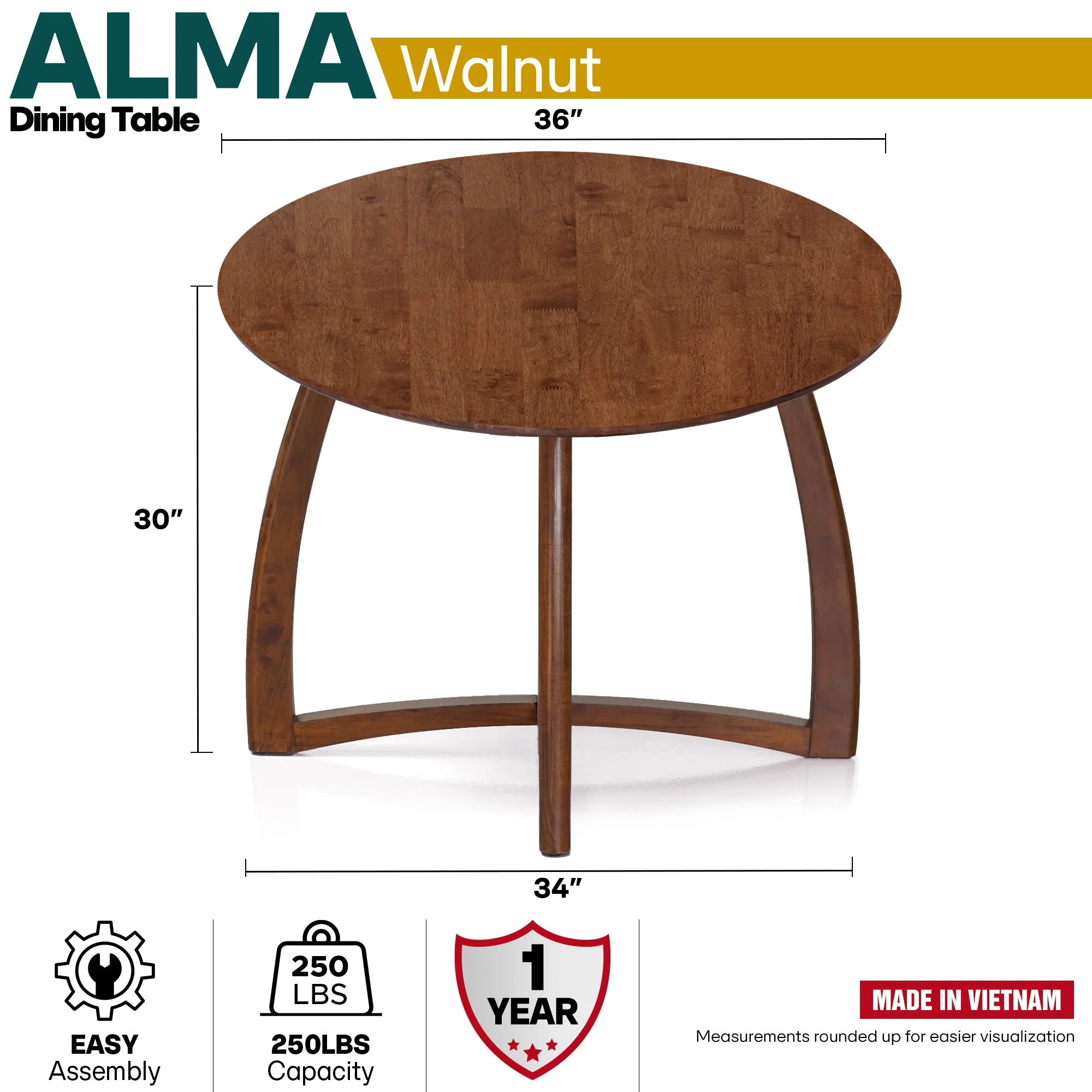 Alma 36 Inches Round Dining Table for 4, Mid-Century Modern Kitchen & Dining Room Tables - Image 12
