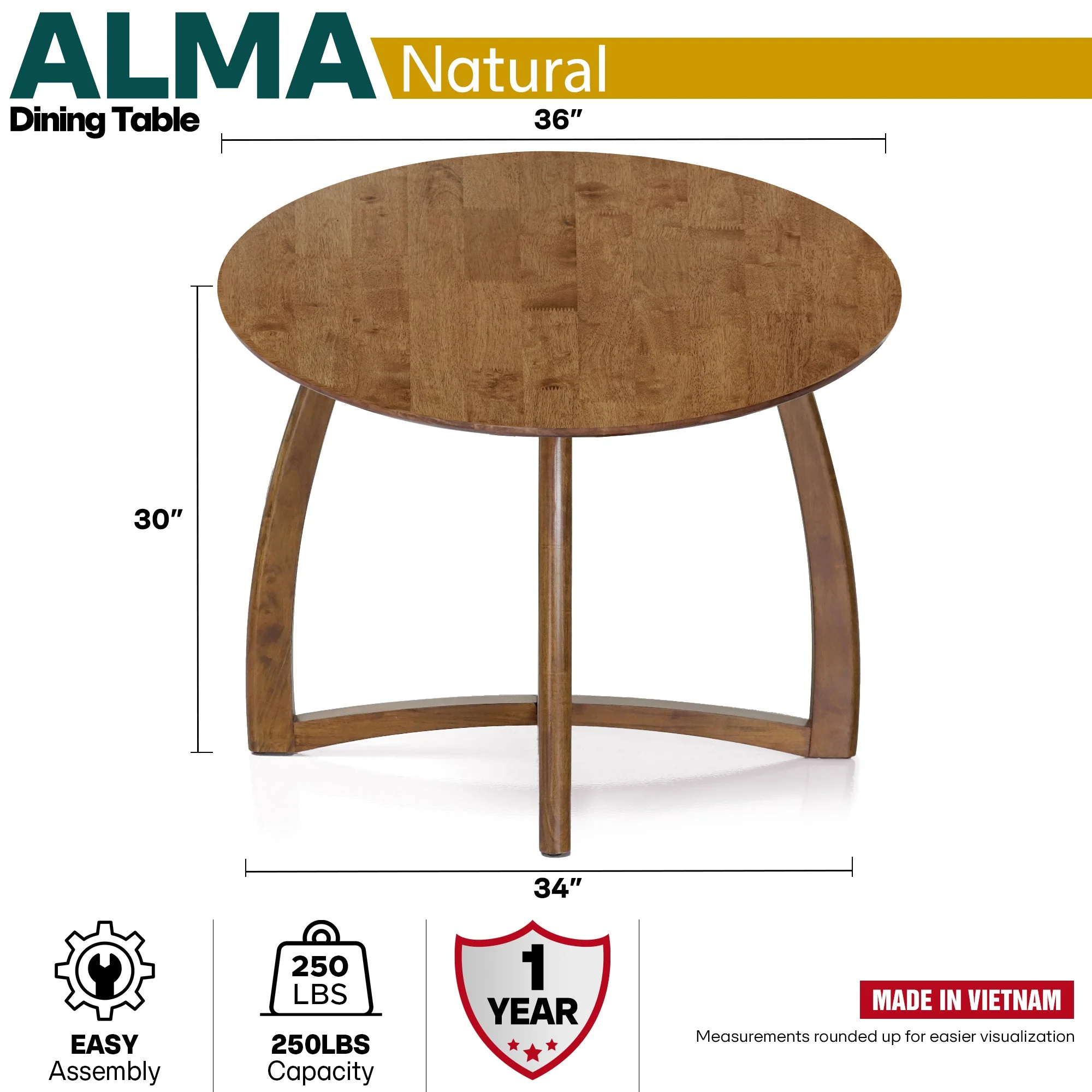 Alma 36 Inches Round Dining Table for 4, Mid-Century Modern Kitchen & Dining Room Tables - Image 3