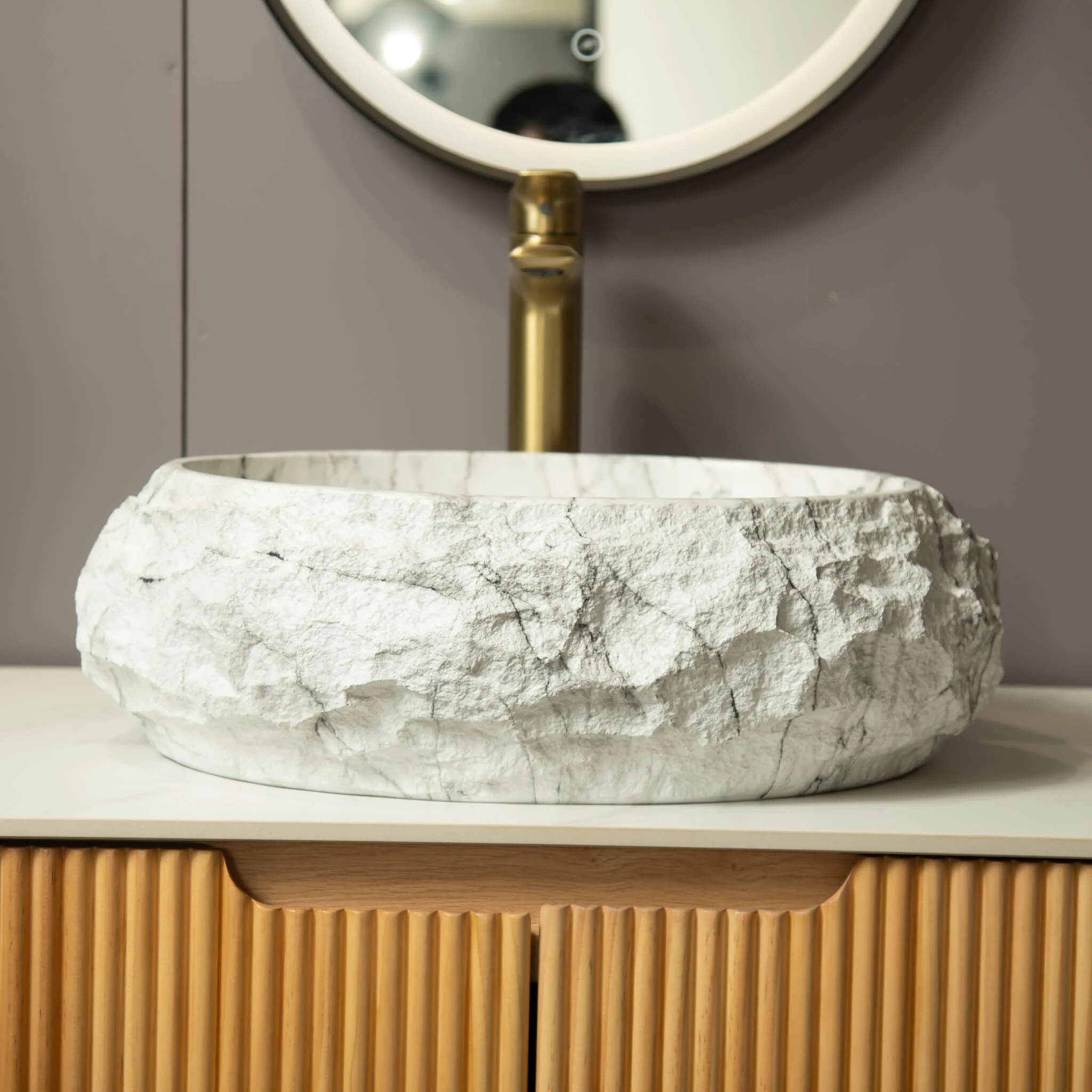 Alora 18-Inch Ivory Oval Bathroom Resin Vessel Basin Sink With Stone Pattern (SAK79130) - Image 3