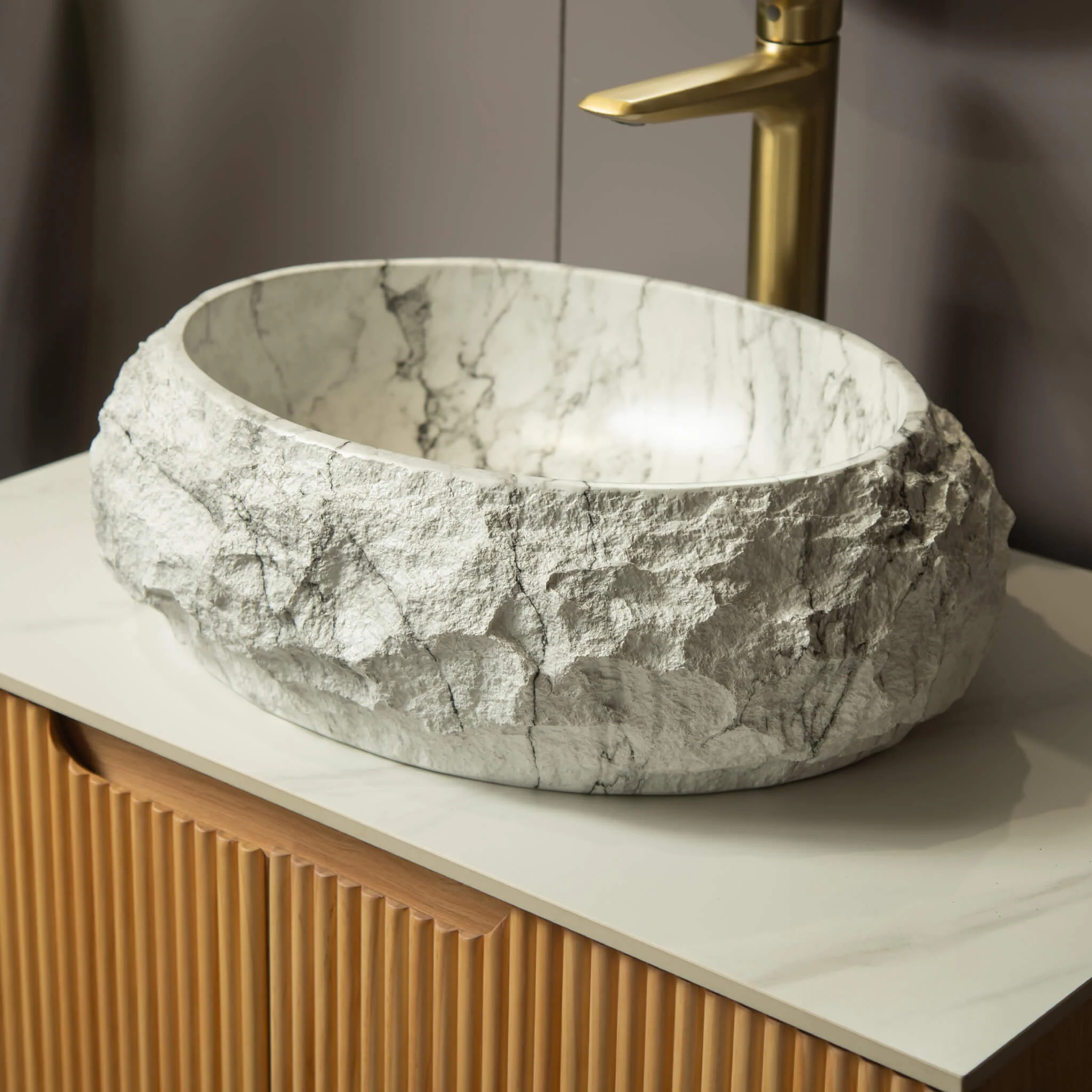 Alora 18-Inch Ivory Oval Bathroom Resin Vessel Basin Sink With Stone Pattern (SAK79130) - Image 5