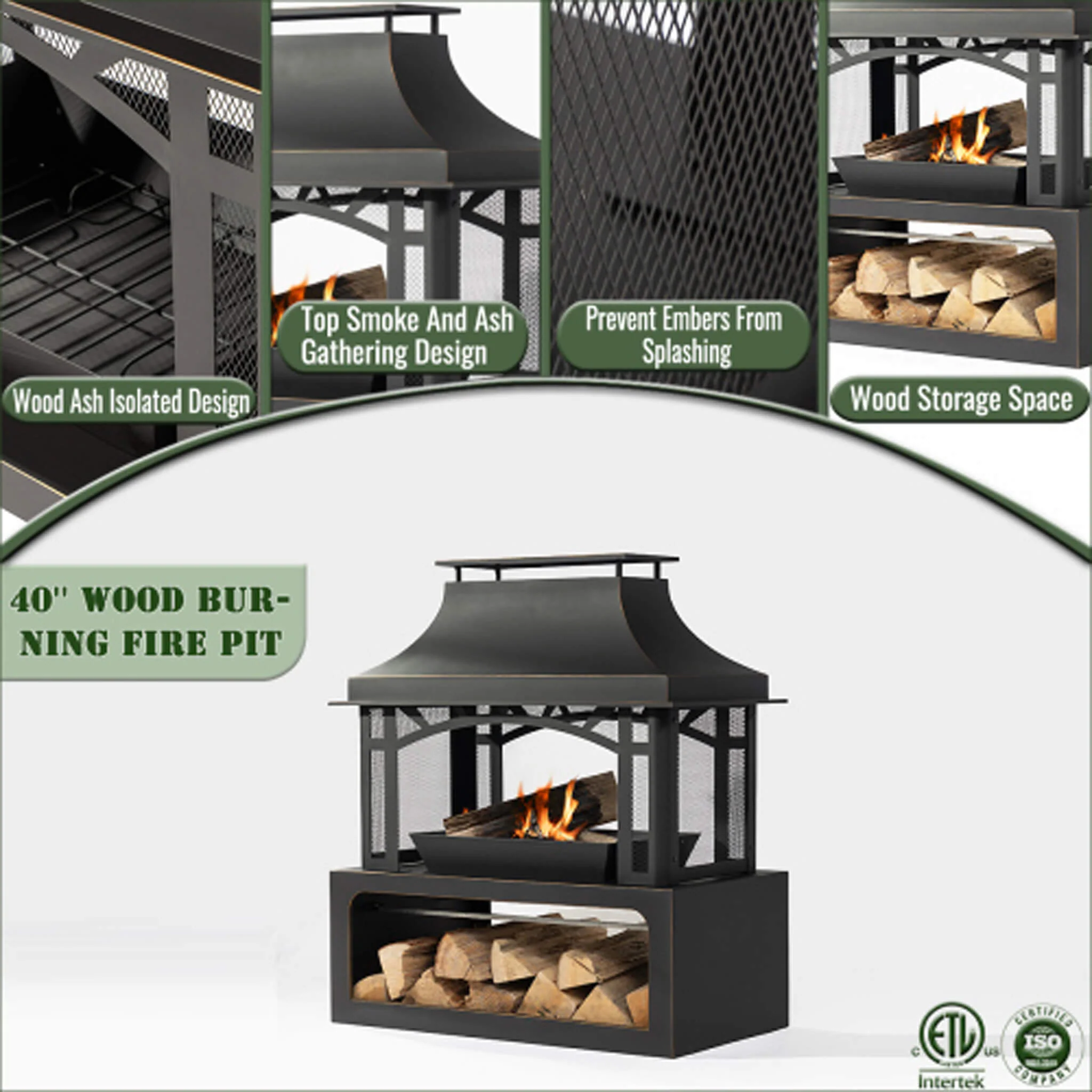 Alora 40-Inch Outdoor Steel Wood-Burning Backyard Fireplace Fire Pit (SAK45758) - Image 7