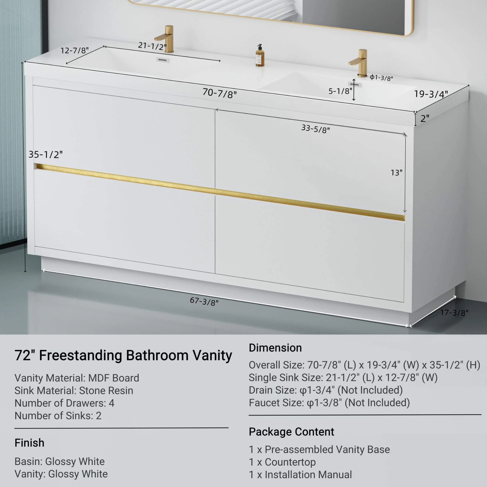 Alora 72-Inch White Freestanding Bathroom Vanity With Sink And Stone Resin Countertop (SAK31520) - Image 5