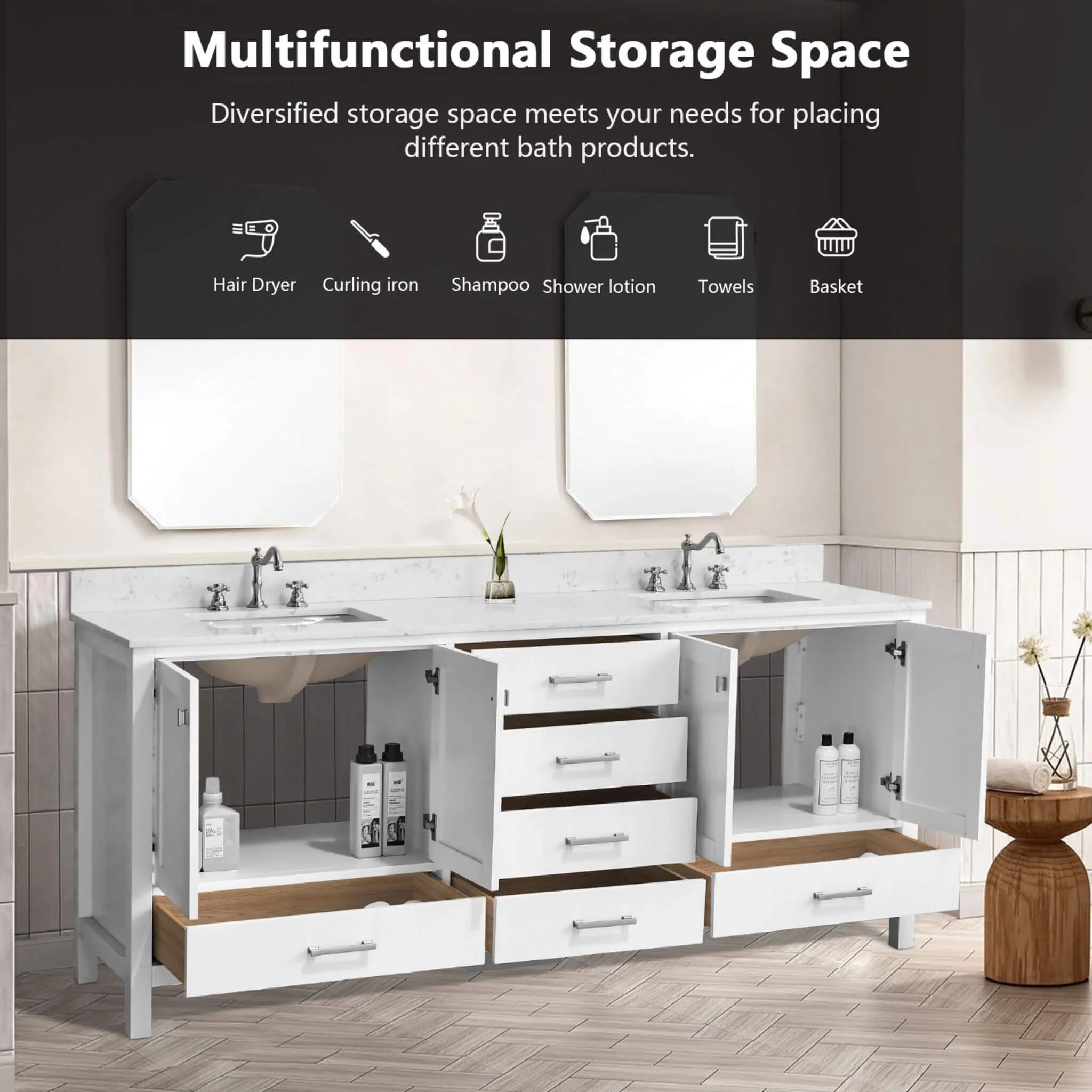Alora 84-Inch Double Basin Freestanding Bathroom Vanity With Solid Wood Frame [No Faucet] (SAK81794) - Image 10