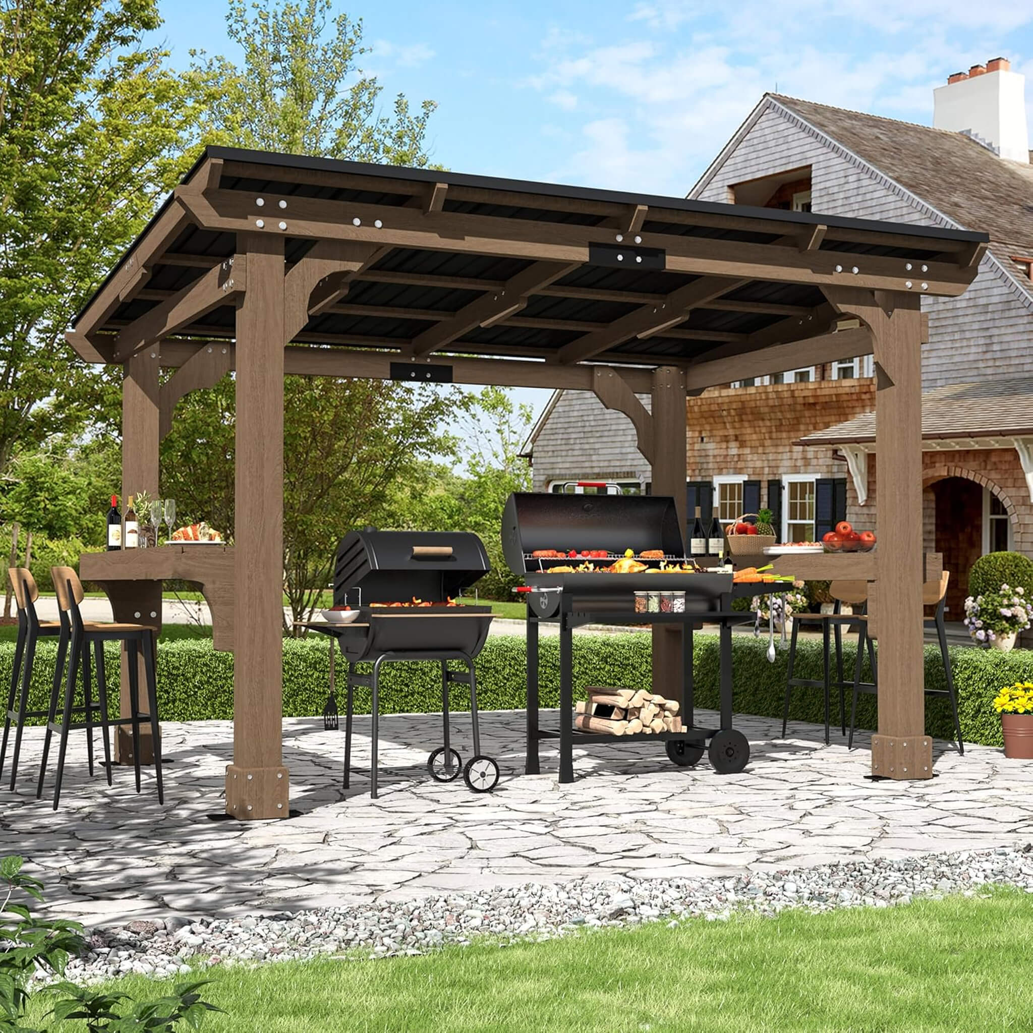 Alora Heavy-Duty Premium Wooden Grill Gazebo With Sloped Metal Roof (SAK61583) - Image 13