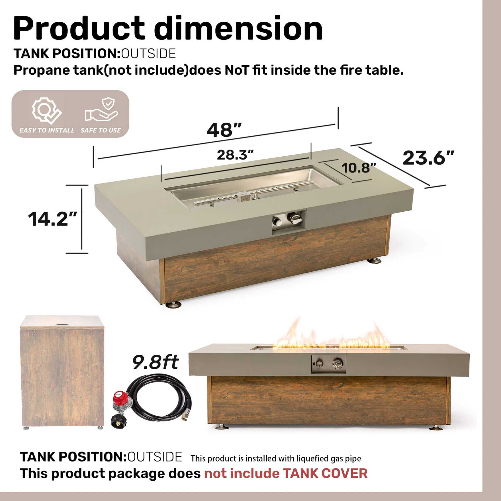 Alora Luxury 48-Inch Outdoor Wood Grain Iron Fire Pit Table With Lava Rocks (SAK37905) - Image 16