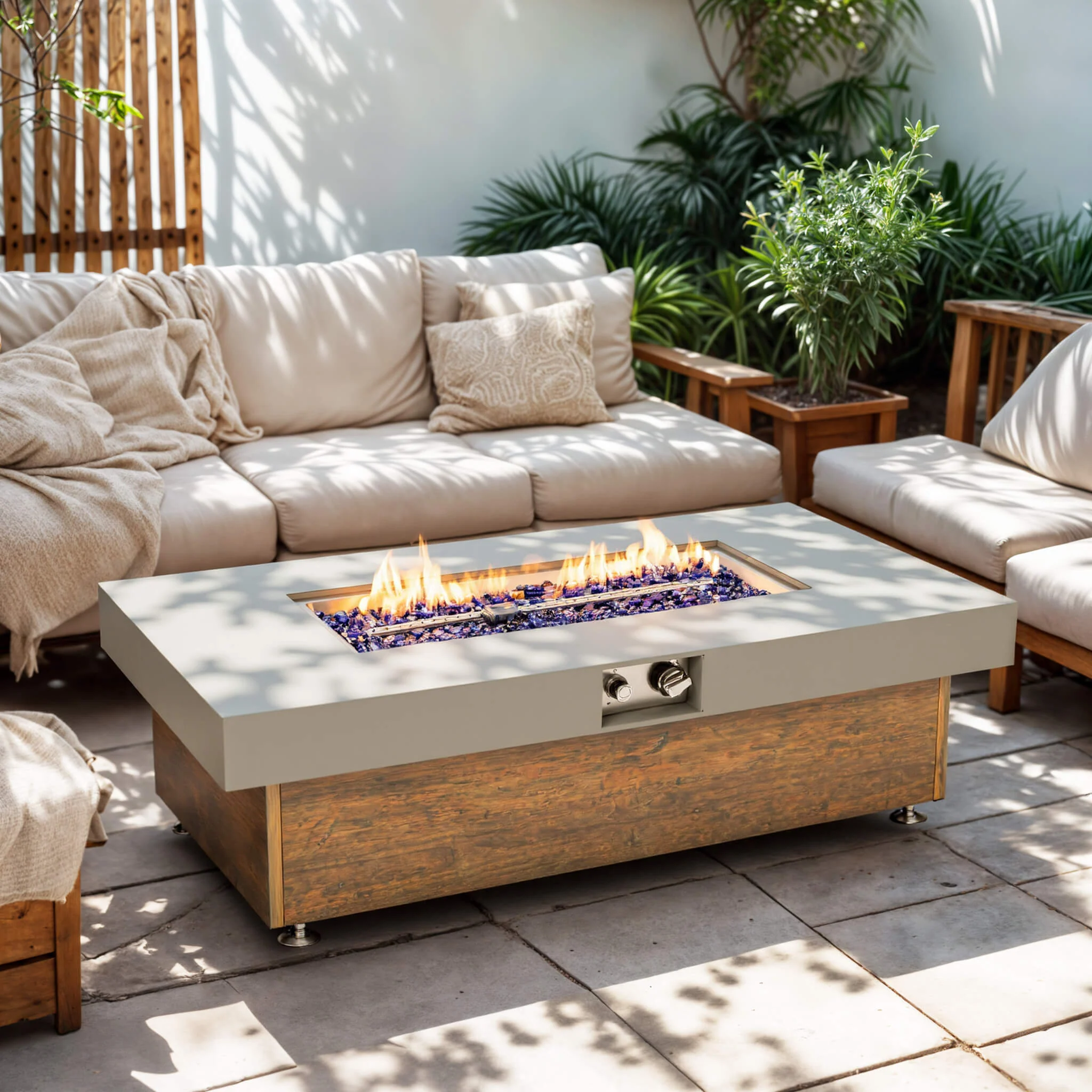 Alora Luxury 48-Inch Outdoor Wood Grain Iron Fire Pit Table With Lava Rocks (SAK37905) - Image 6