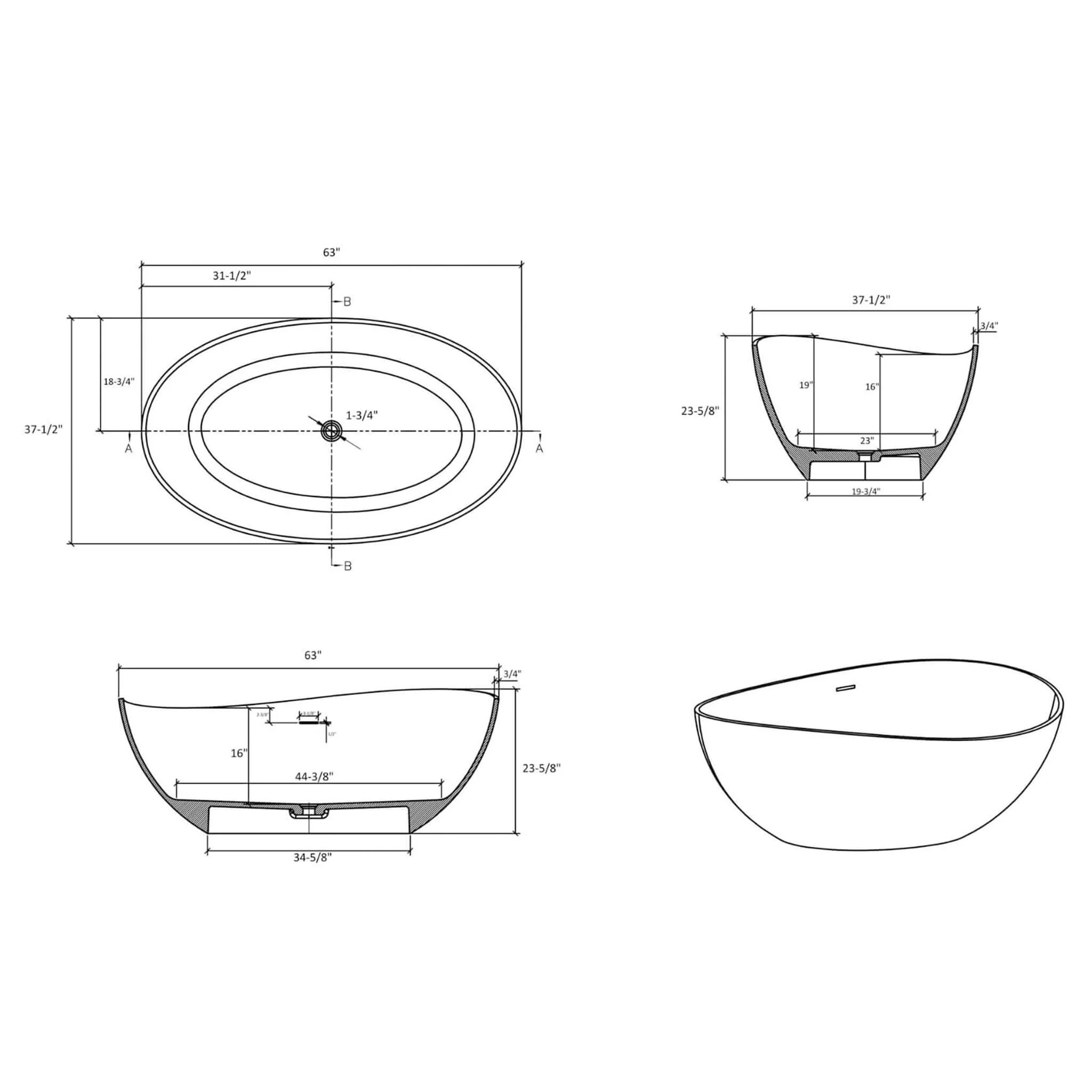 Alora Prestige Luxury 63-Inch Matte White Freestanding Soaking Bathtub With Overflow And Pop-Up Drain (SAK56140) - Image 3