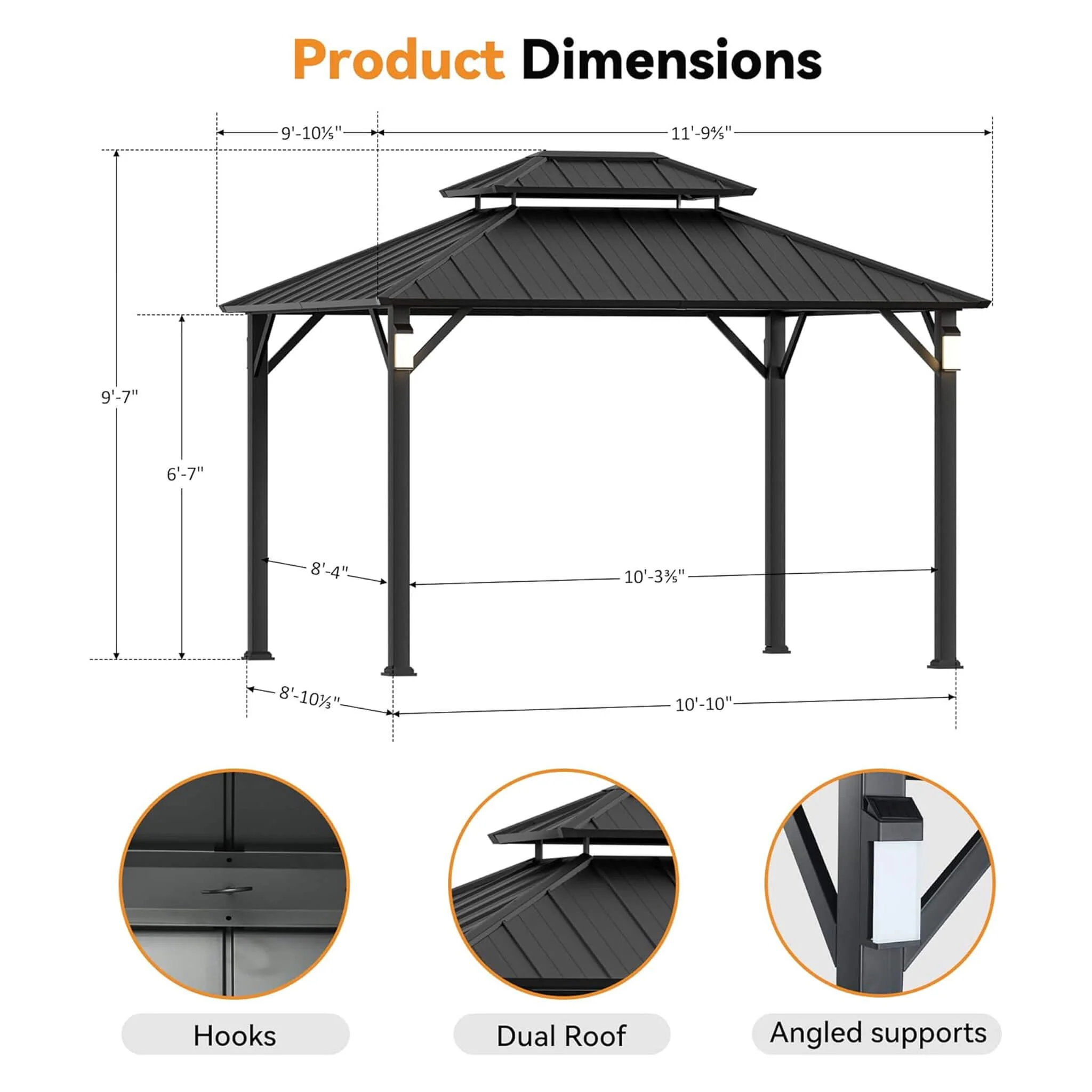 Alora Luxury Double Roof Hardtop Aluminum Gazebo With Decor Hooks, Mosquito Nettings, And LED Lights (SAK91824) - Image 10
