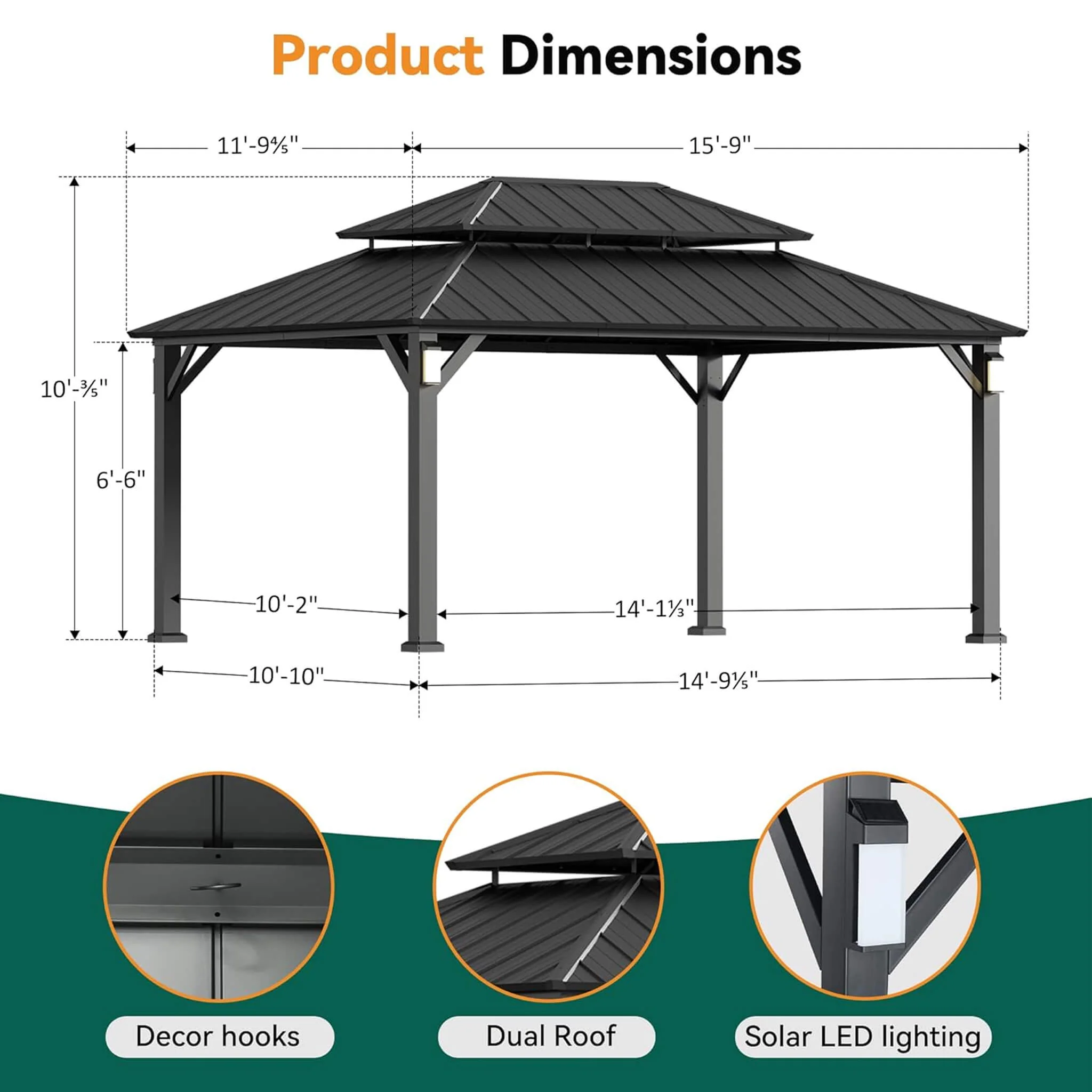 Alora Luxury Double Roof Hardtop Aluminum Gazebo With Decor Hooks, Mosquito Nettings, And LED Lights (SAK91824) - Image 14