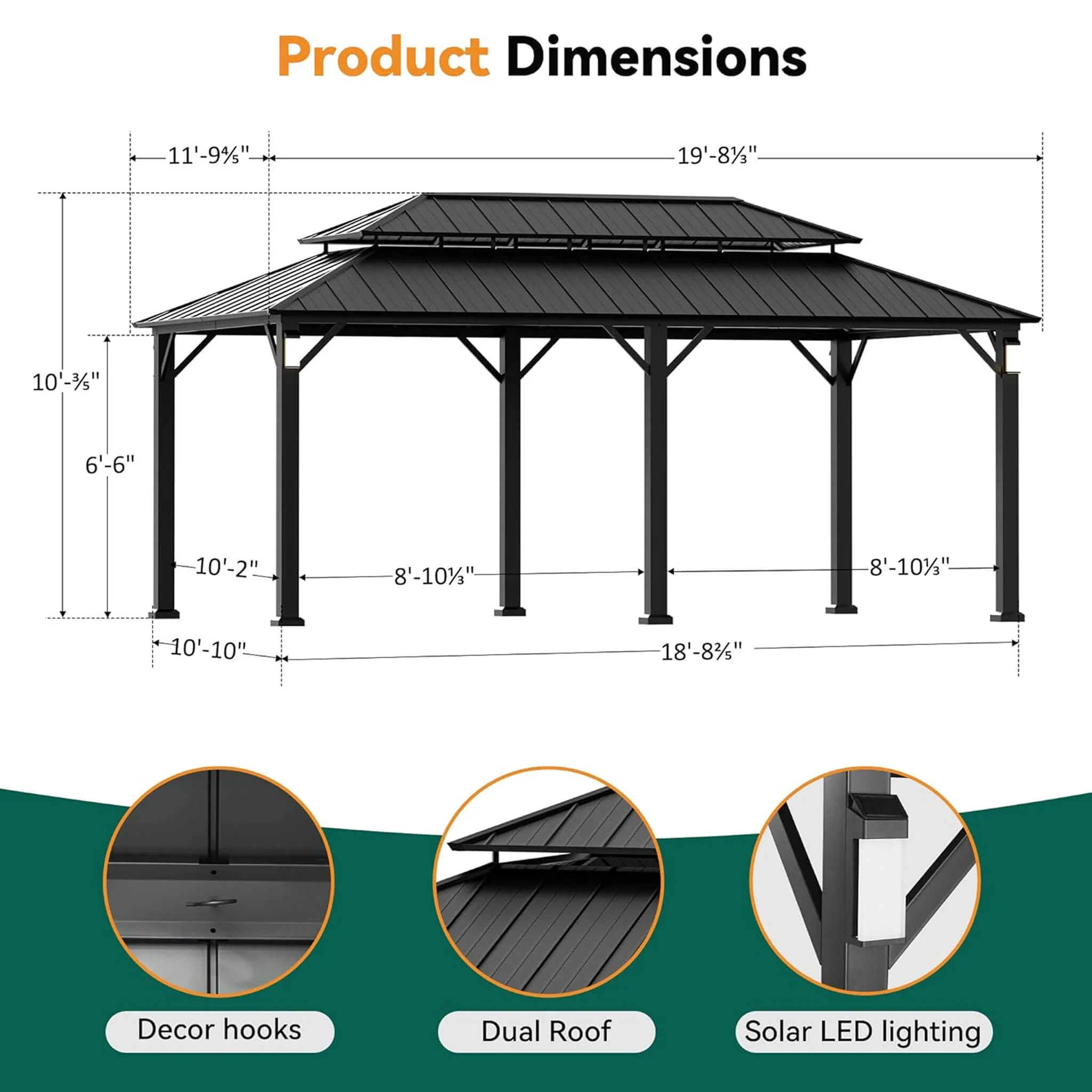 Alora Luxury Double Roof Hardtop Aluminum Gazebo With Decor Hooks, Mosquito Nettings, And LED Lights (SAK91824) - Image 15