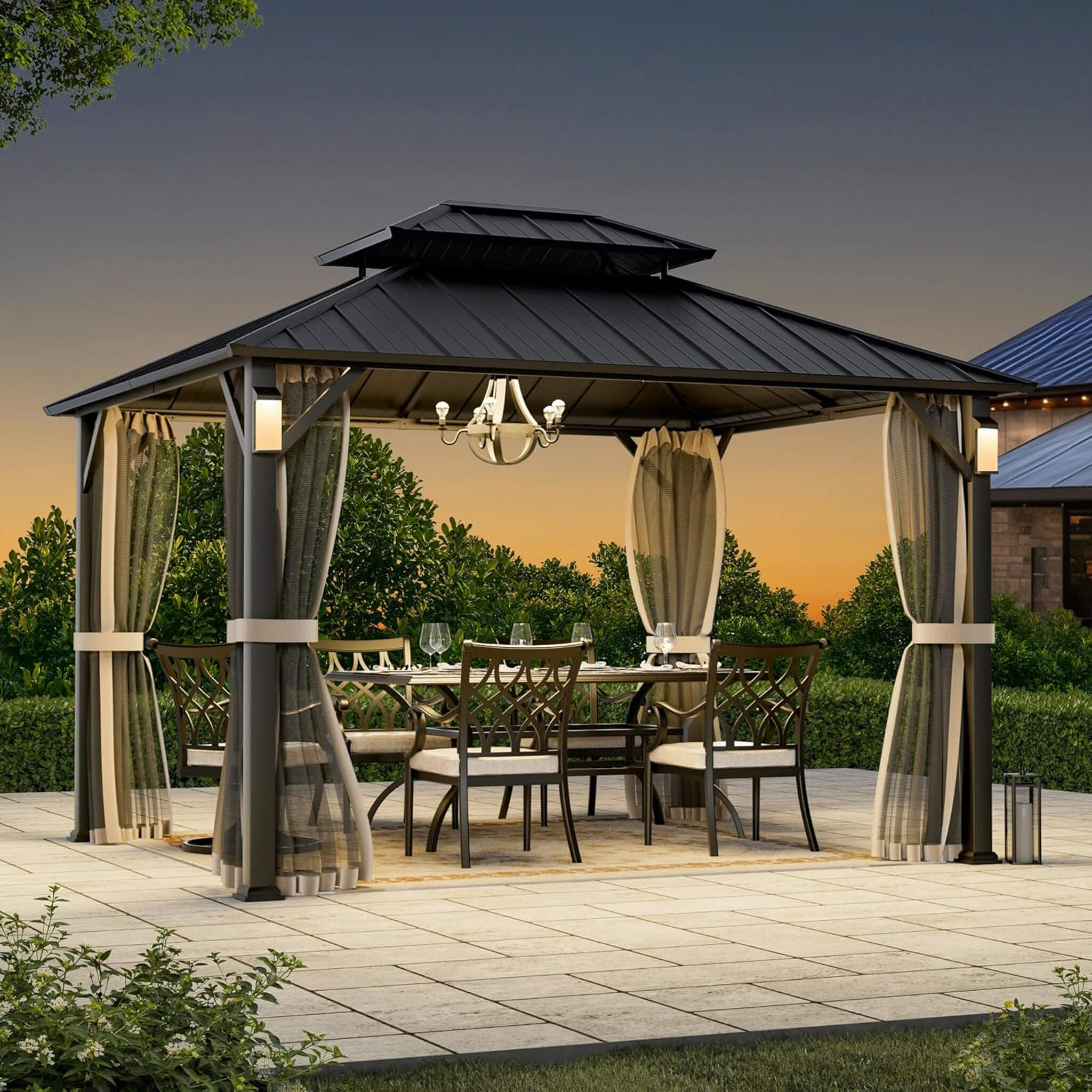 Alora Luxury Double Roof Hardtop Aluminum Gazebo With Decor Hooks, Mosquito Nettings, And LED Lights (SAK91824) - Image 3