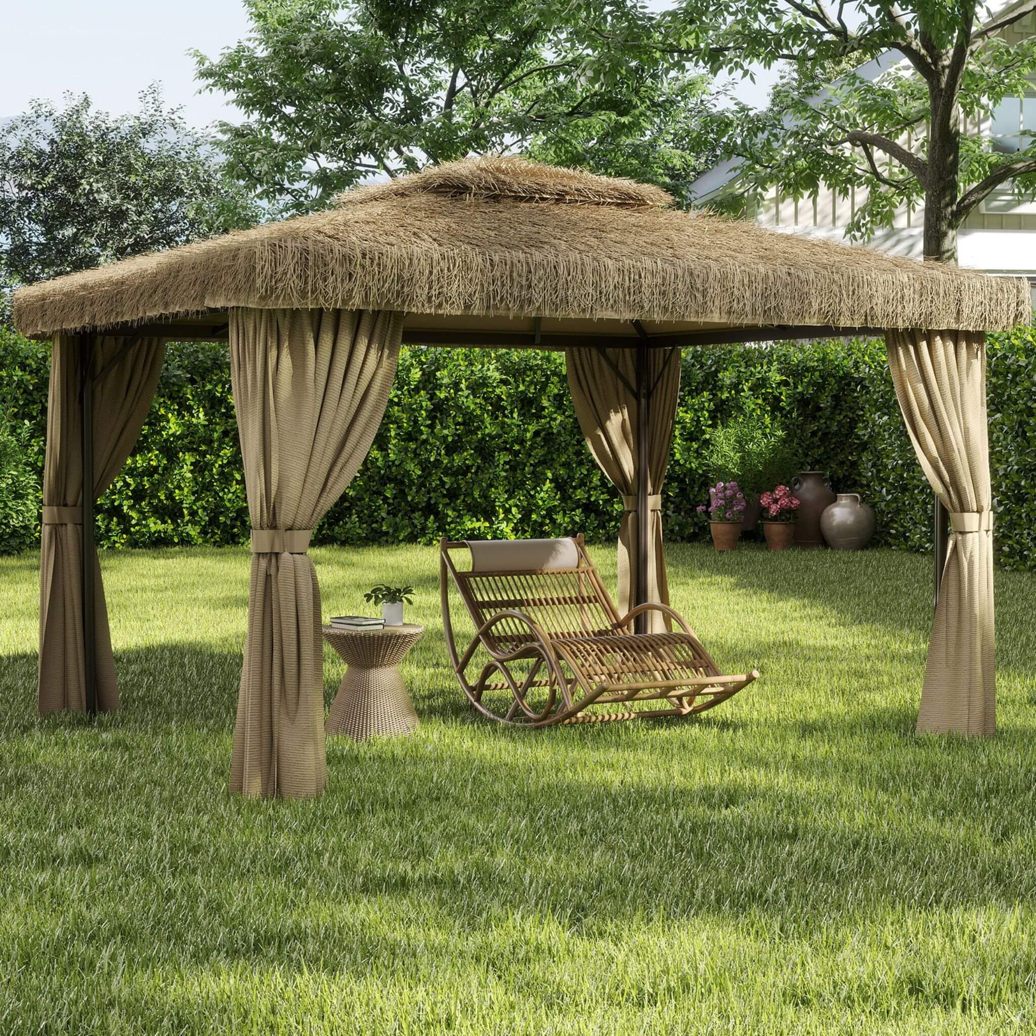 Alora Outdoor Double Canopy Aluminum Patio Gazebo With Hawaiian Thatch Roof (SAK39068) - Image 11