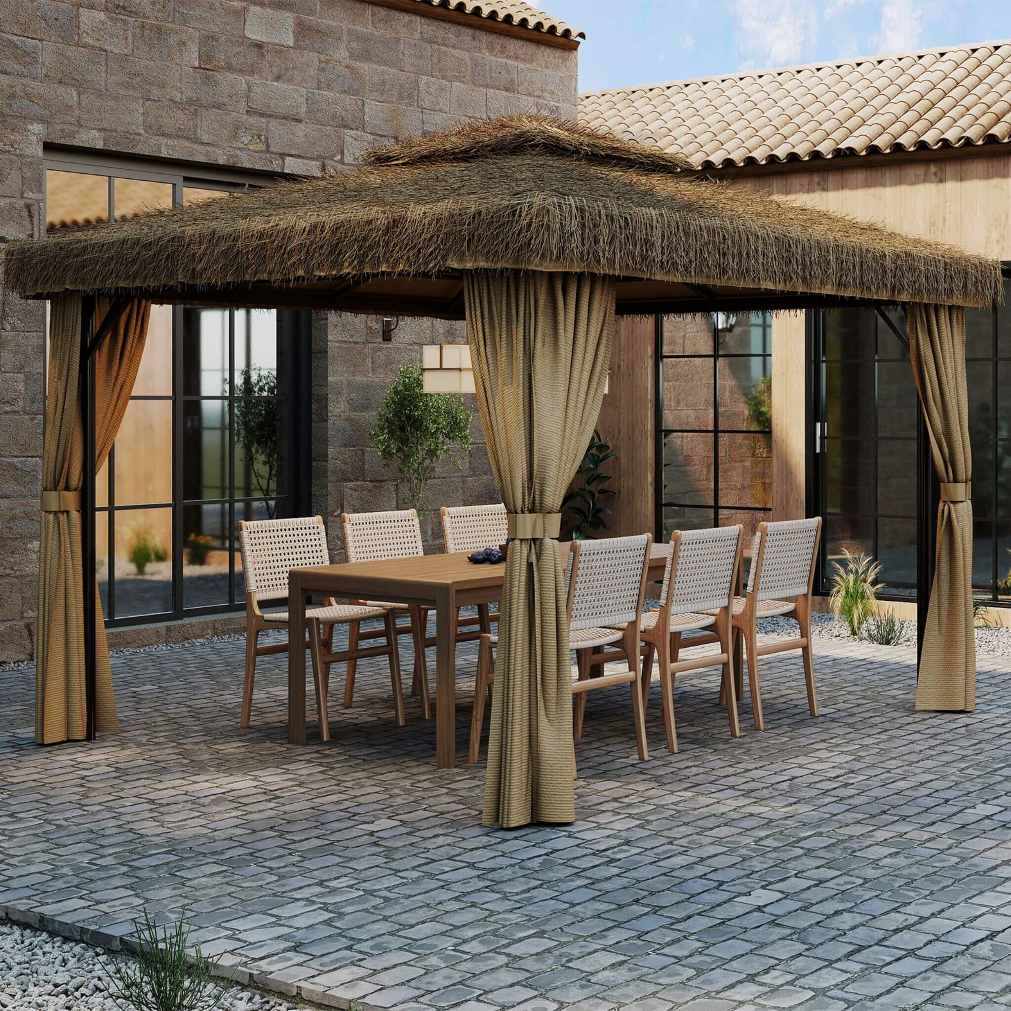 Alora Outdoor Double Canopy Aluminum Patio Gazebo With Hawaiian Thatch Roof (SAK39068) - Image 13