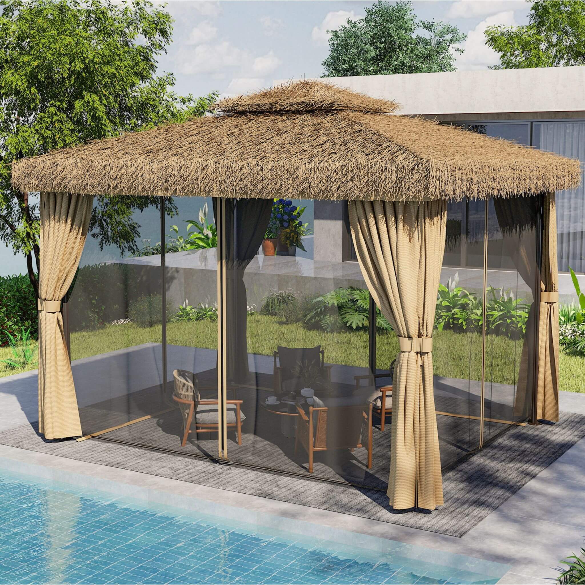 Alora Outdoor Double Canopy Aluminum Patio Gazebo With Hawaiian Thatch Roof (SAK39068) - Image 15